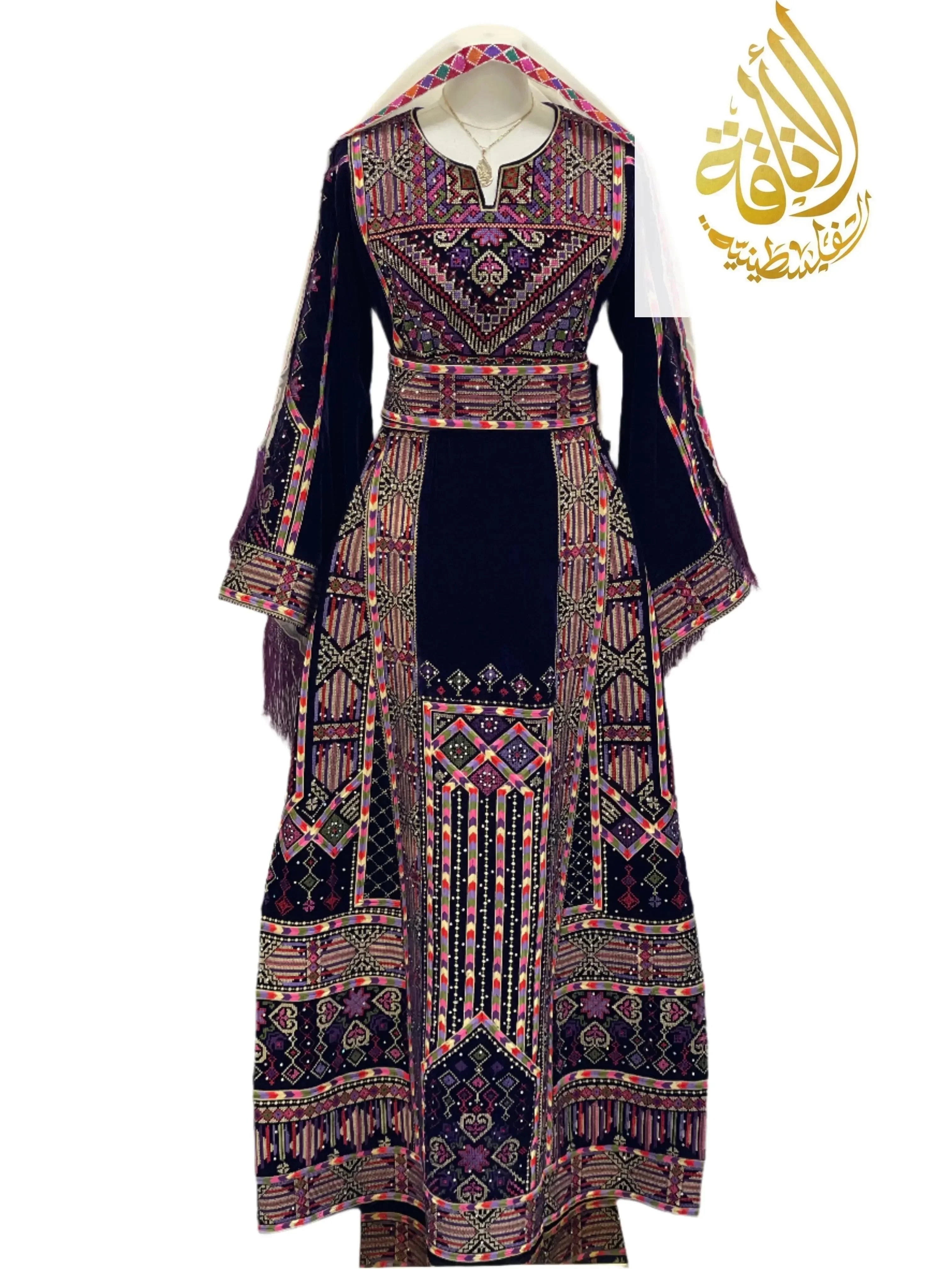 Palestinian Elegance embroidered velvet thoub with traditional colorful embroidery on navy velvet fabric