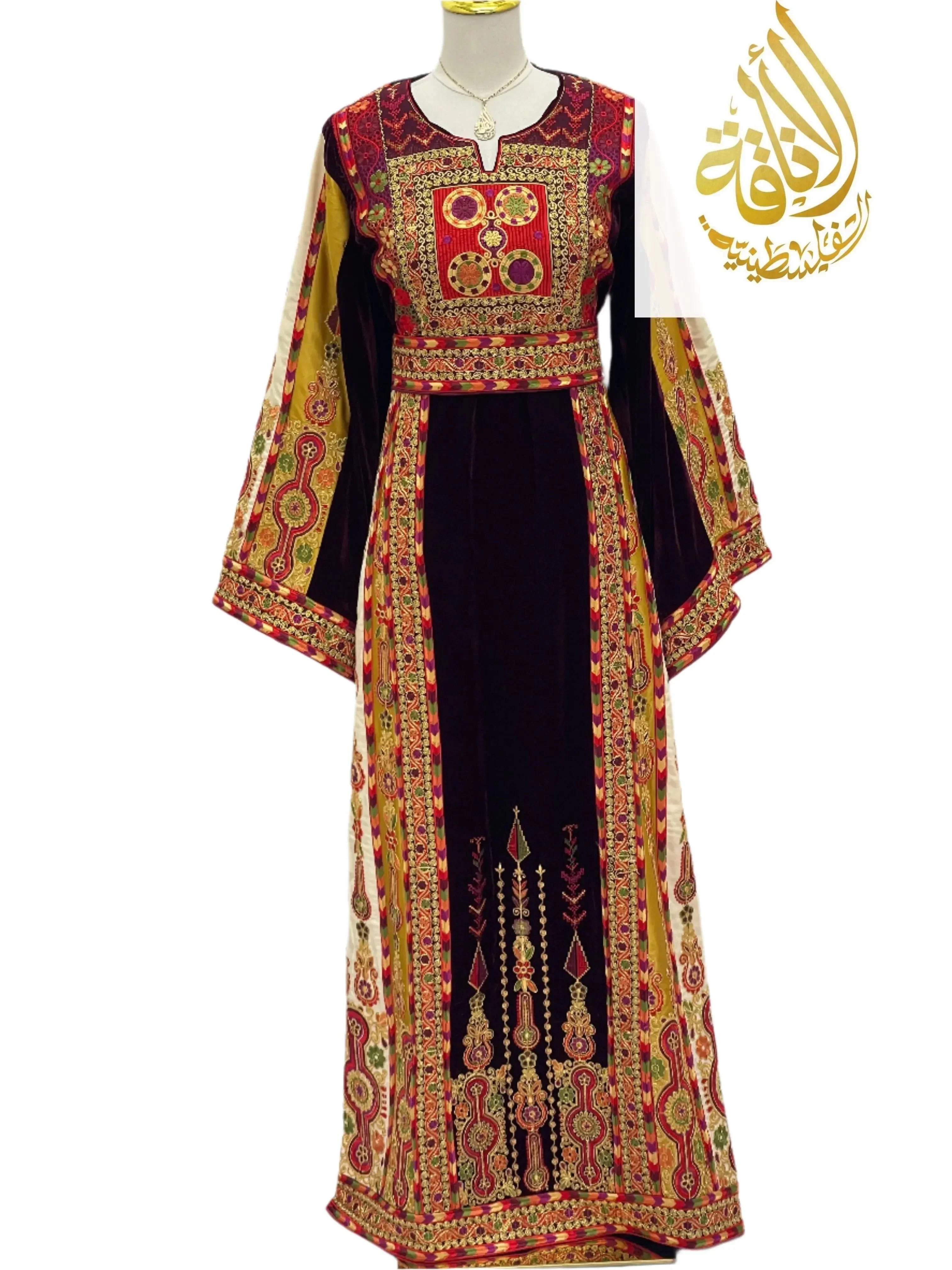 Deep Burgundy Palestinian Embroidered thobe with intricate gold and red embroidery by Palestinian Elegance