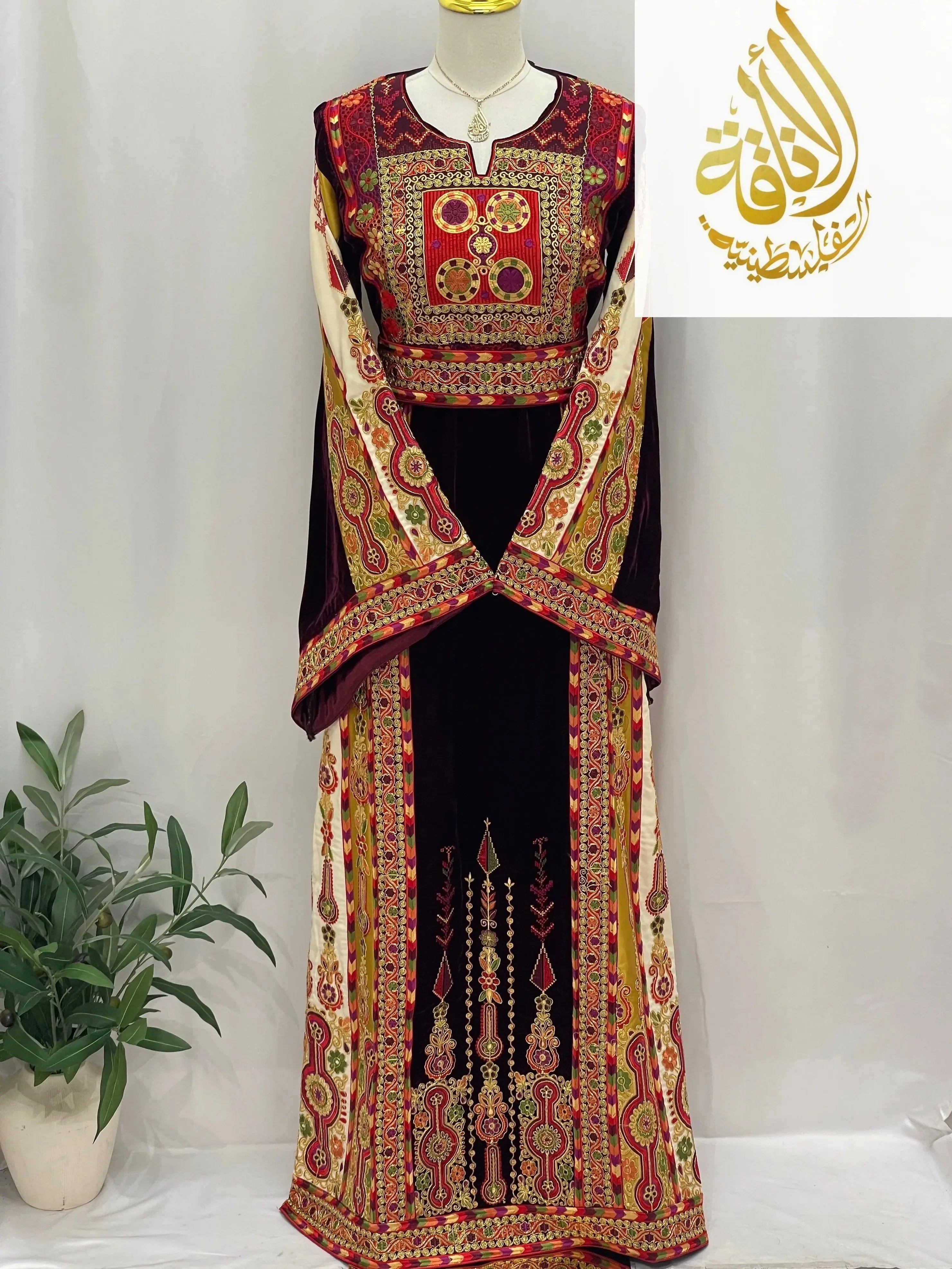 Deep Burgundy Palestinian Embroidered thobe with intricate traditional patterns by Palestinian Elegance