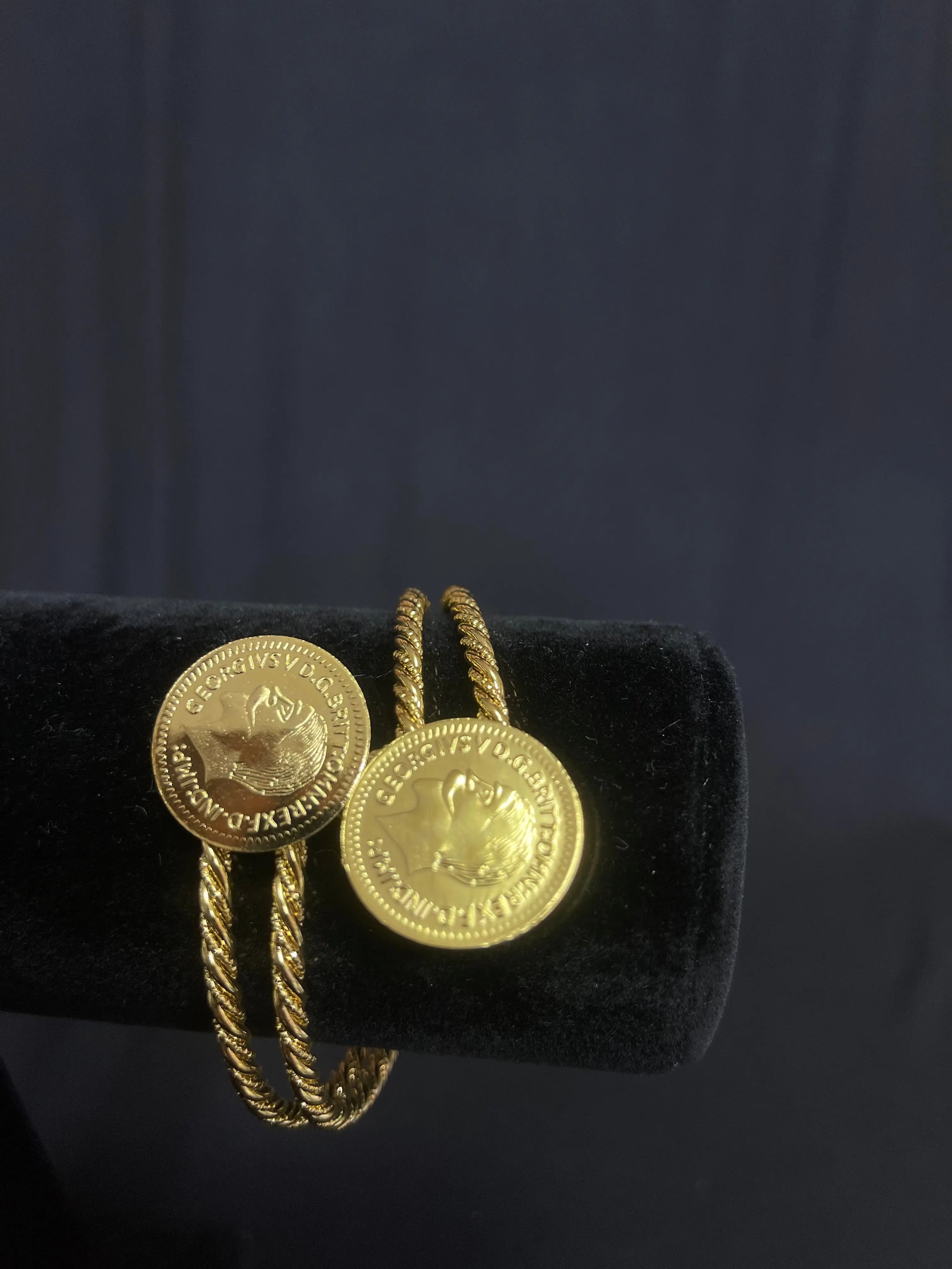 Heritage inspired gold bracelet by Palestinian Elegance featuring intricate imitated gold coin design
