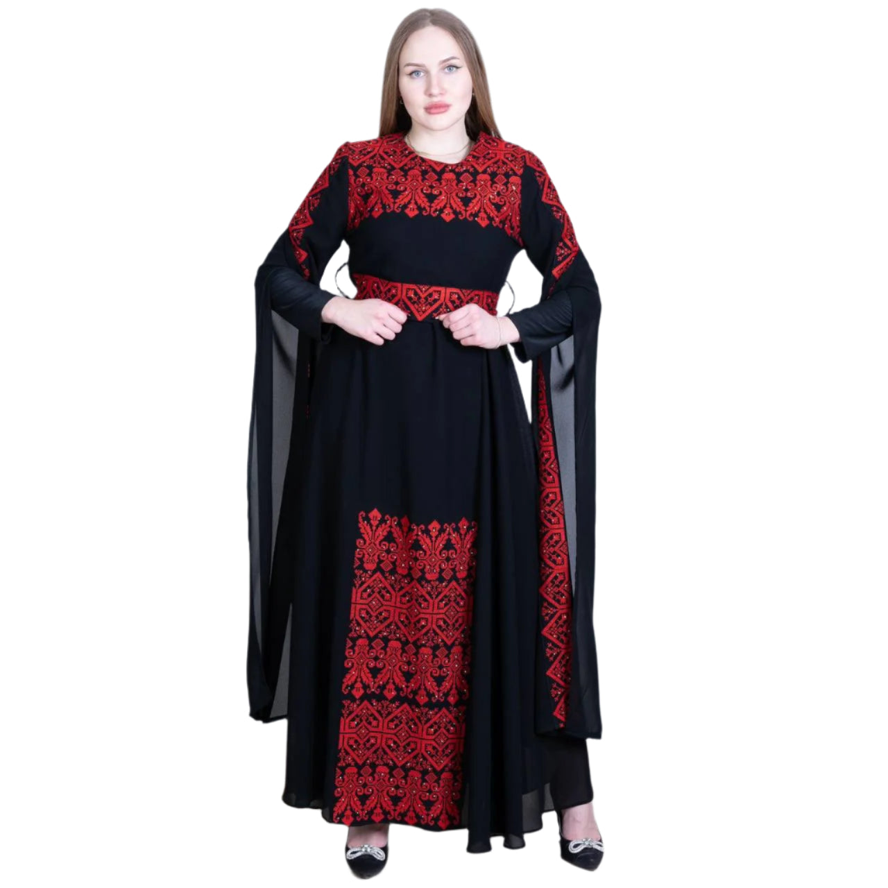 Black Palestinian embroidered dress with intricate red embroidery and flowing sleeves by Palestinian Elegance