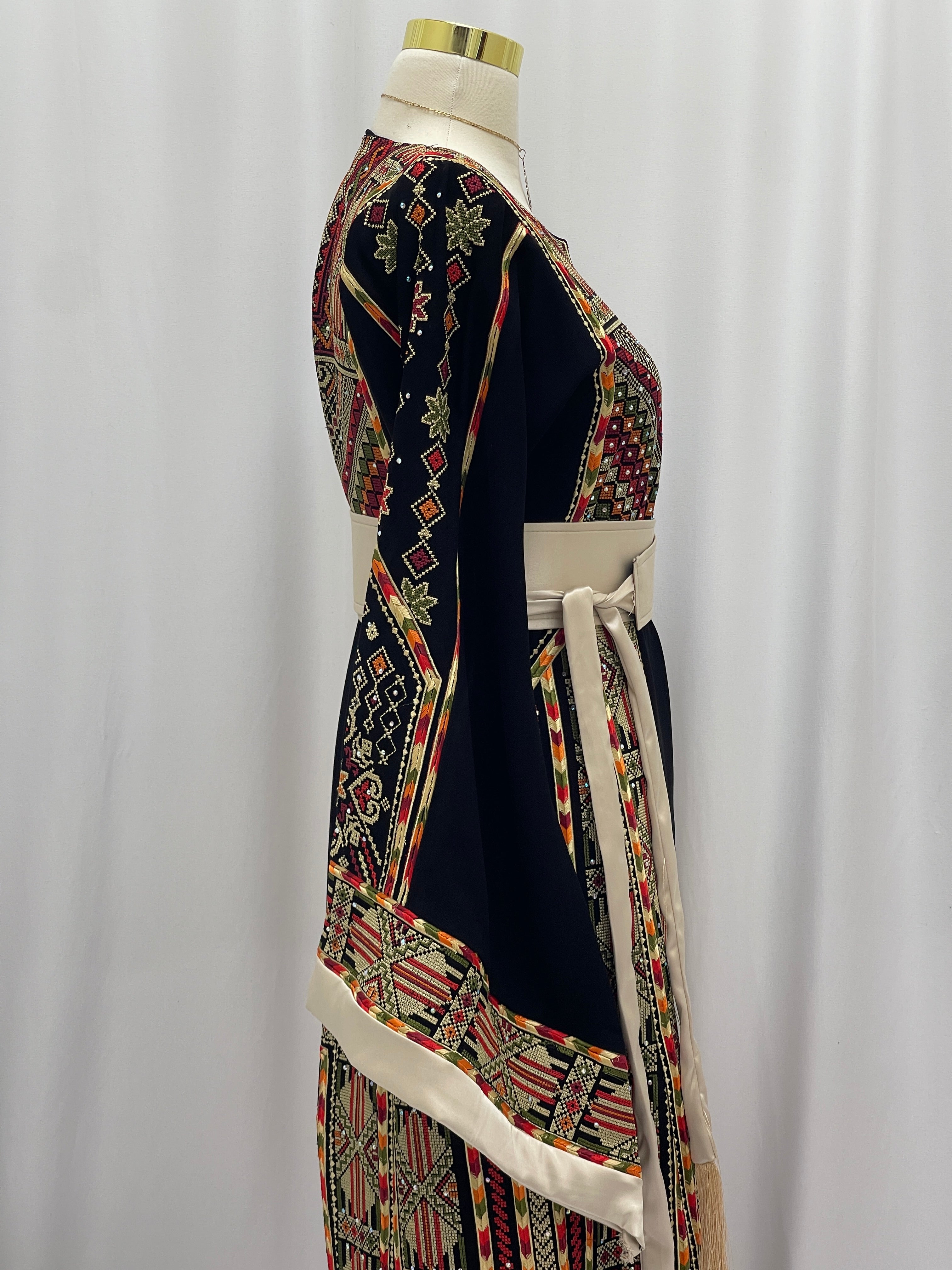 Luxury Black Palestinian Embroidered Thoub with Two Belts – Timeless Elegance with Heritage Touch