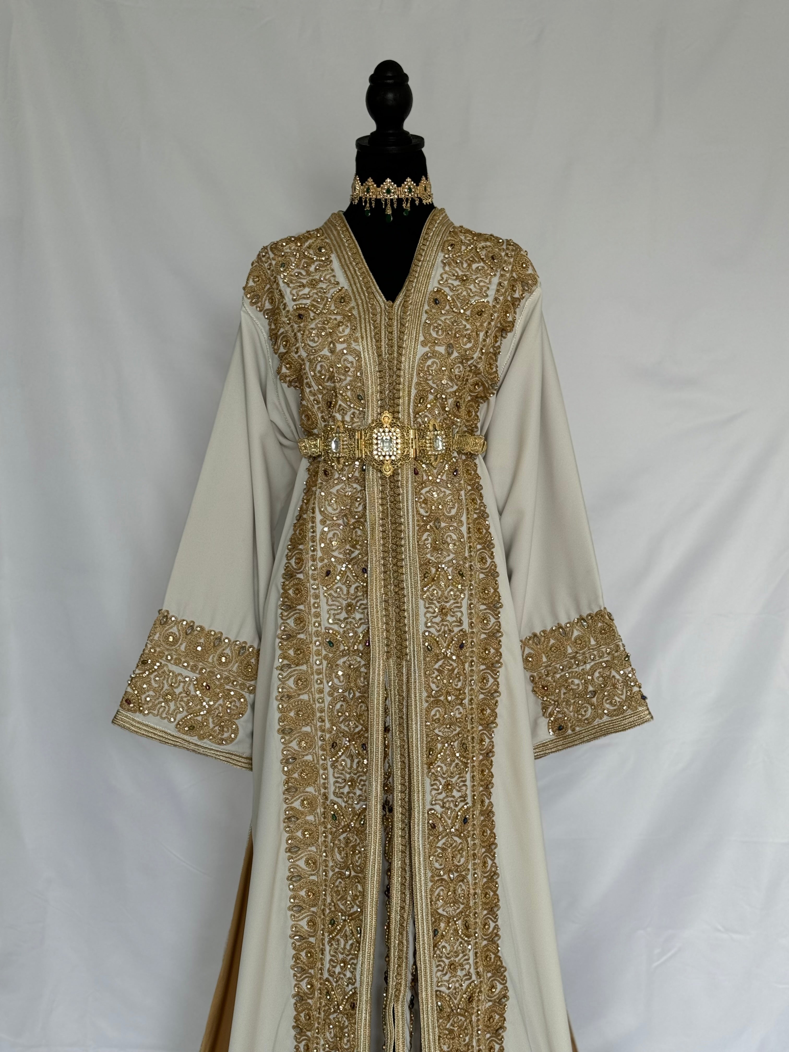 Handmade Silk Crepe Moroccan Kaftan: Gold Thread Embroidery, Belted Takchita