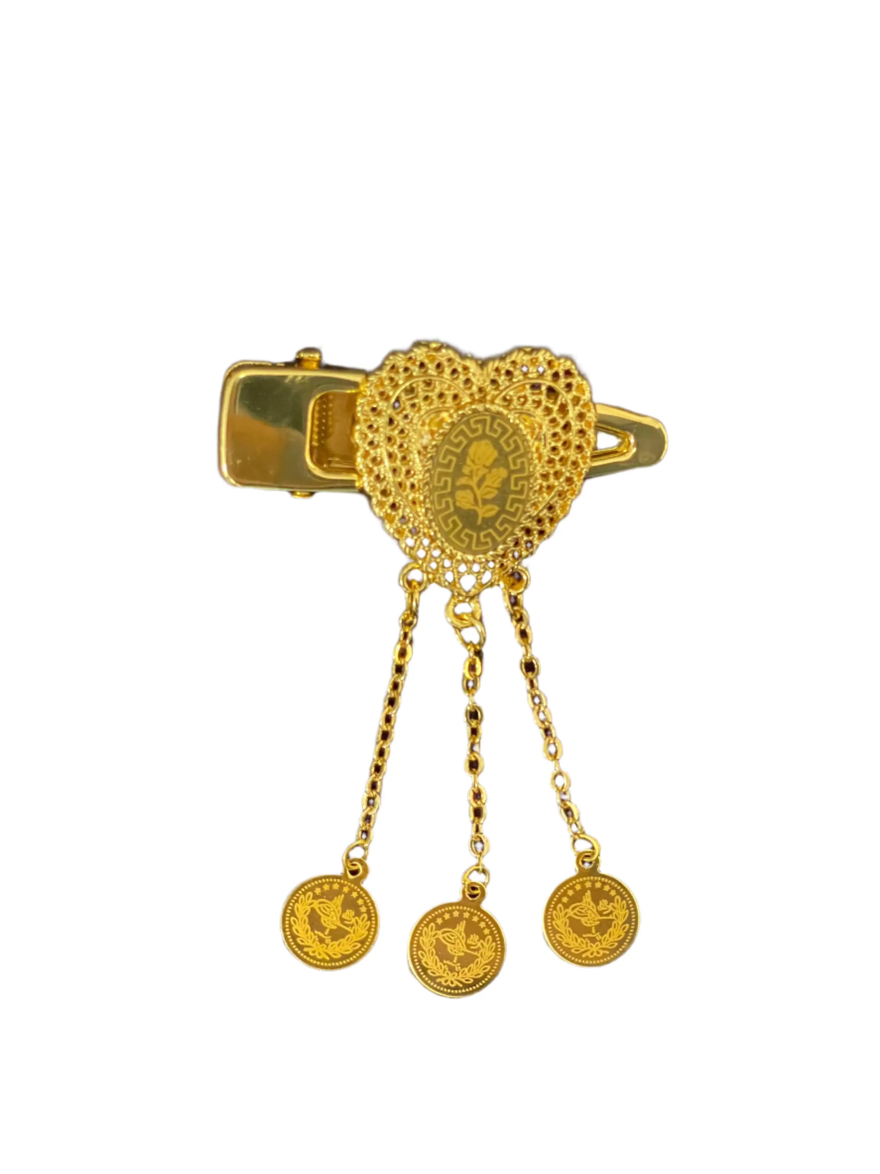 Palestinian Elegance imitated gold hair clip with intricate heart design and hanging coin charms