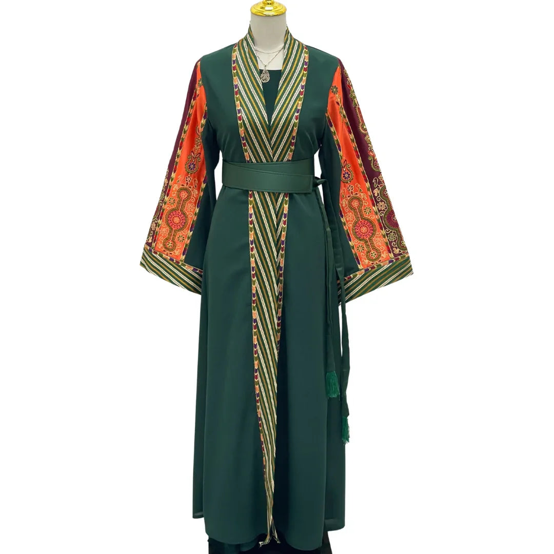 Palestinian Elegance elegant modest fashion bisht green cardigan with colorful embroidered sleeves and waist belt
