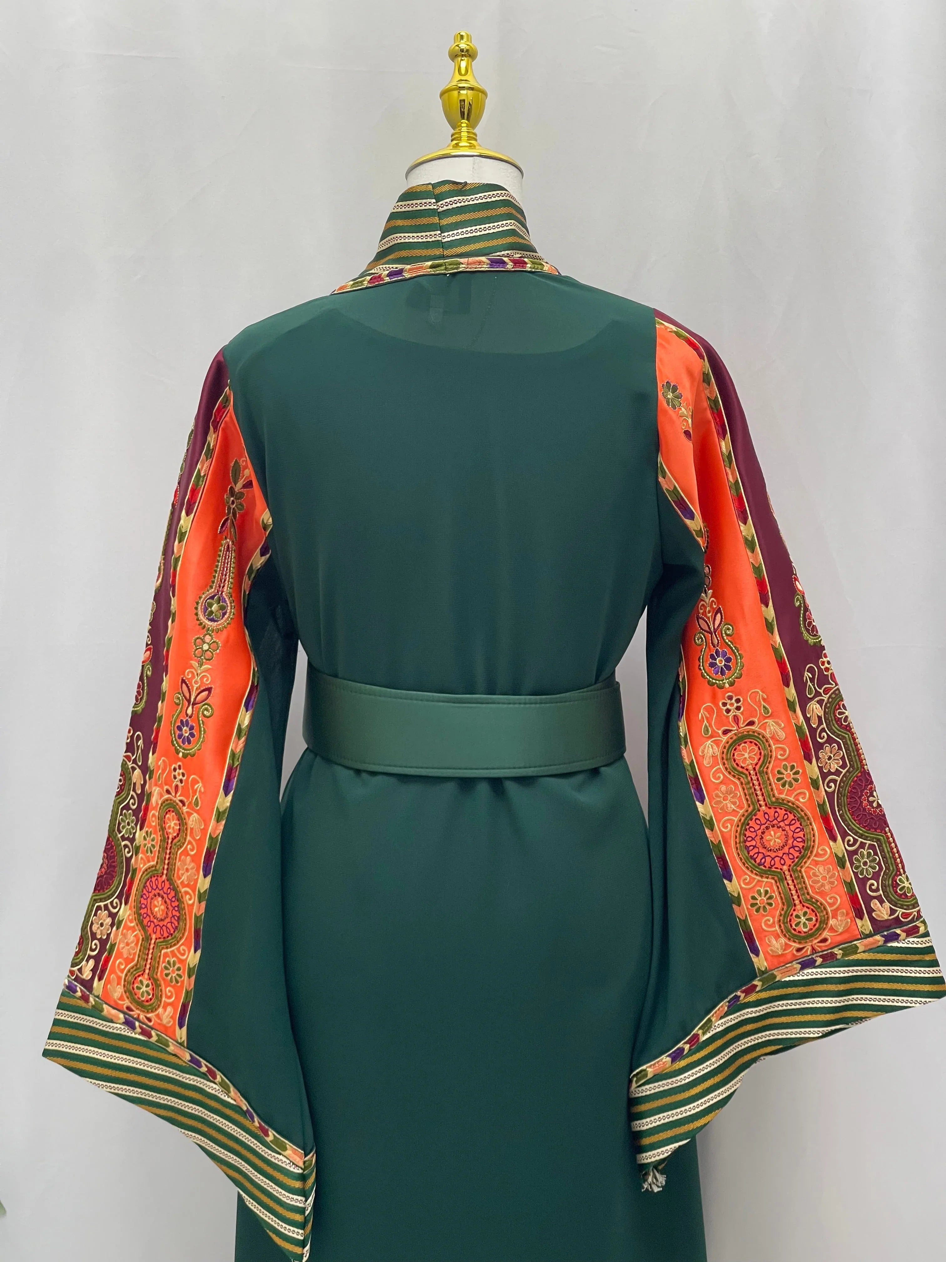Palestinian Elegance elegant modest fashion bisht with green fabric and colorful patterned sleeves cardigan