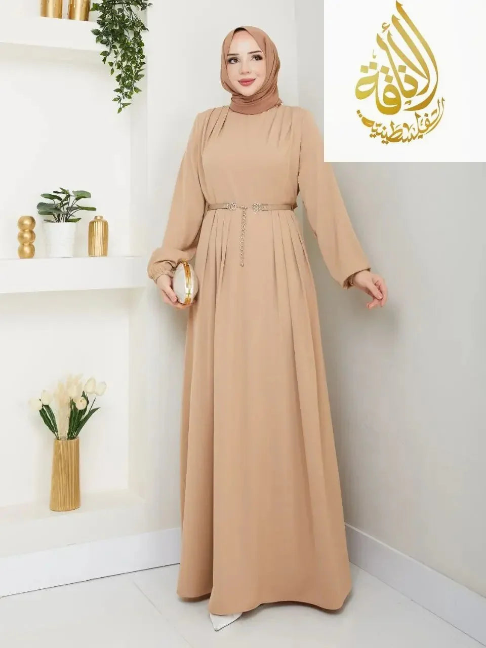 Palestinian Elegance beige elegant long dress for special occasions with belt and long sleeves