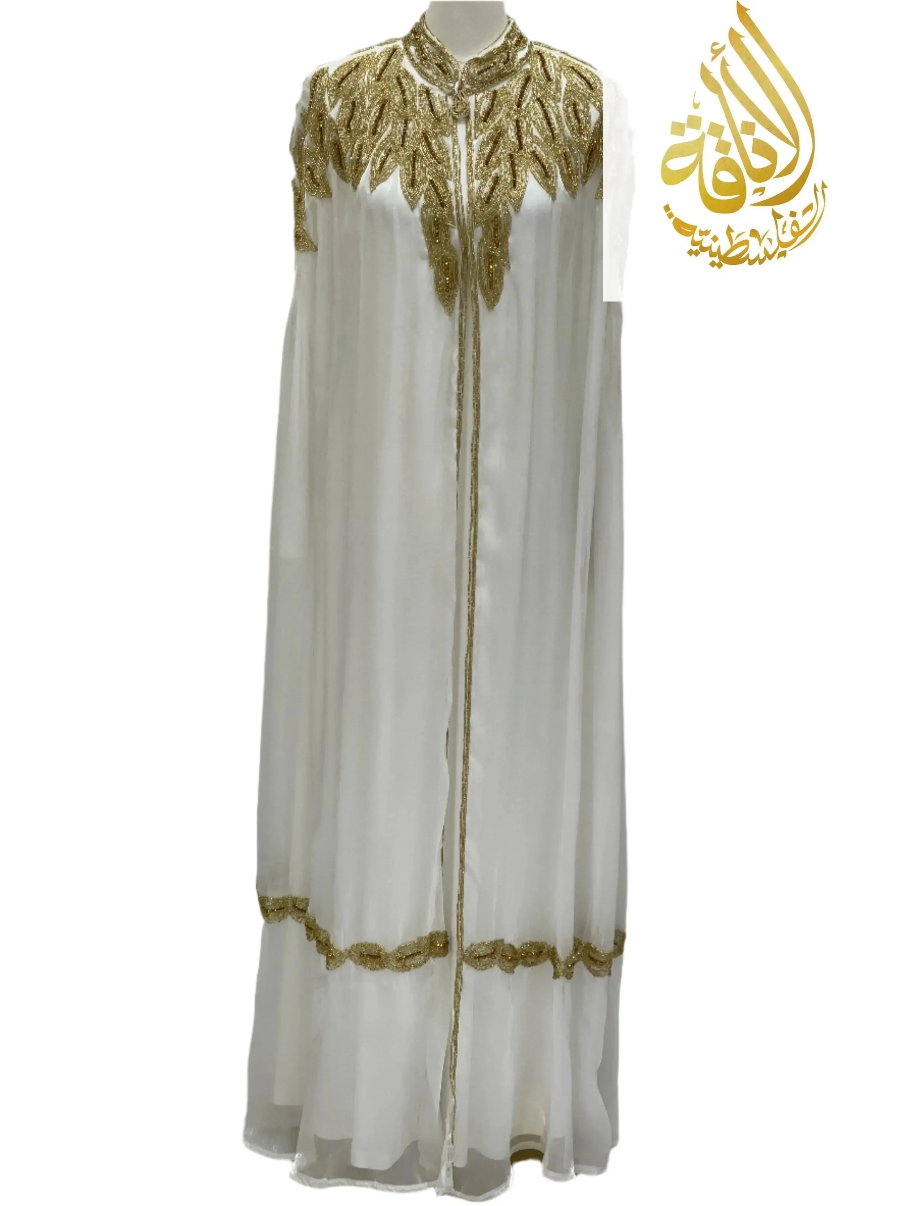 Palestinian Elegance elegant modest fashion cape in white with gold embroidery and flowing design