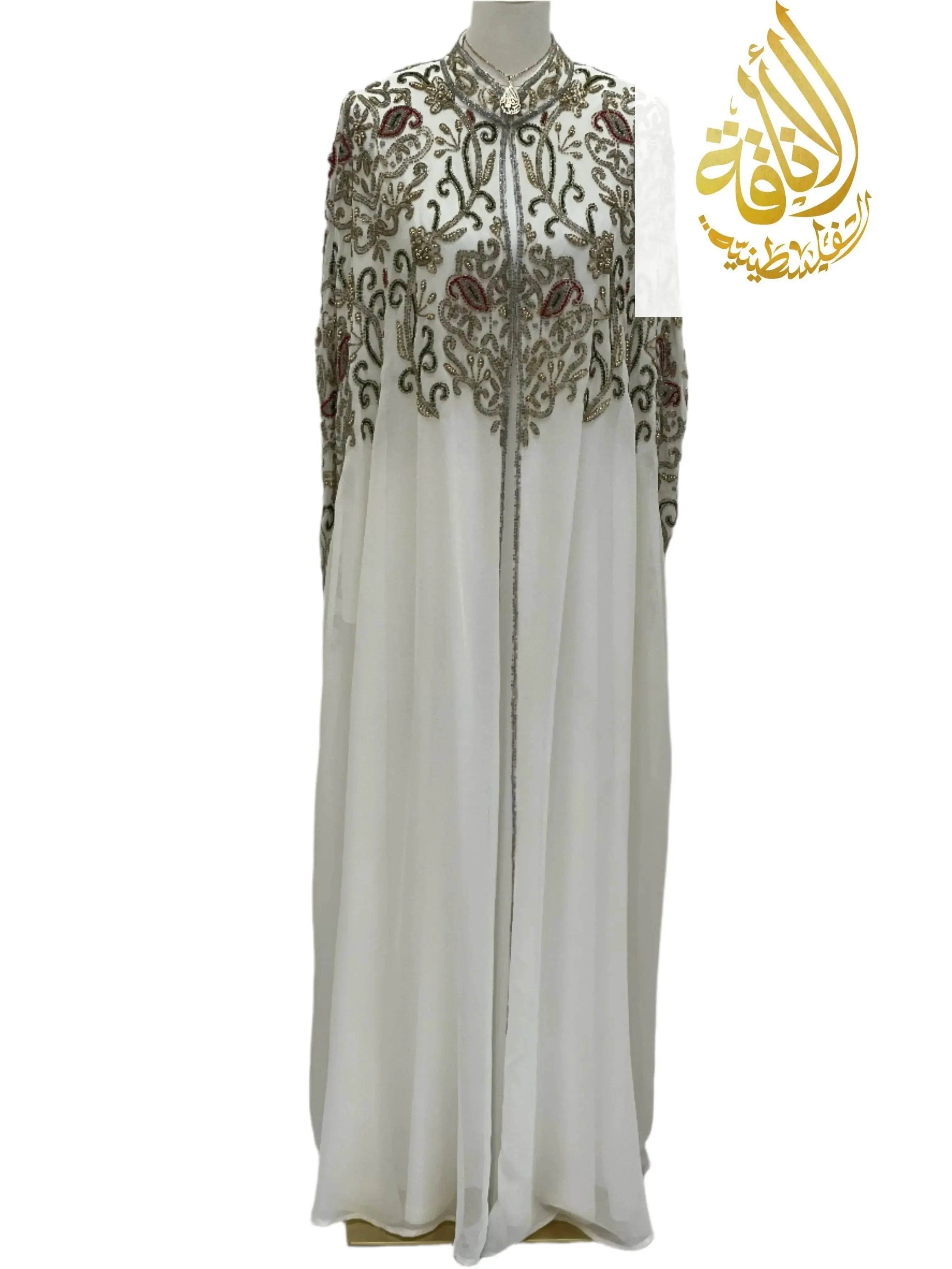 Palestinian Elegance white cardigan featuring intricate embroidery, perfect elegant modest fashion cape