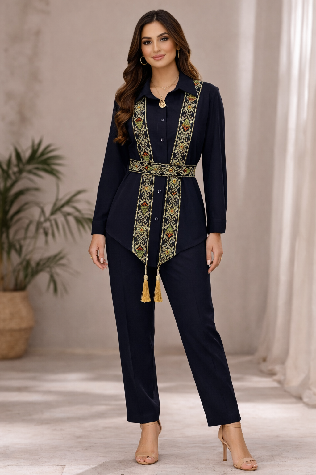 Timeless Charm: Embroidered Chiffon Vest with Tassel Details