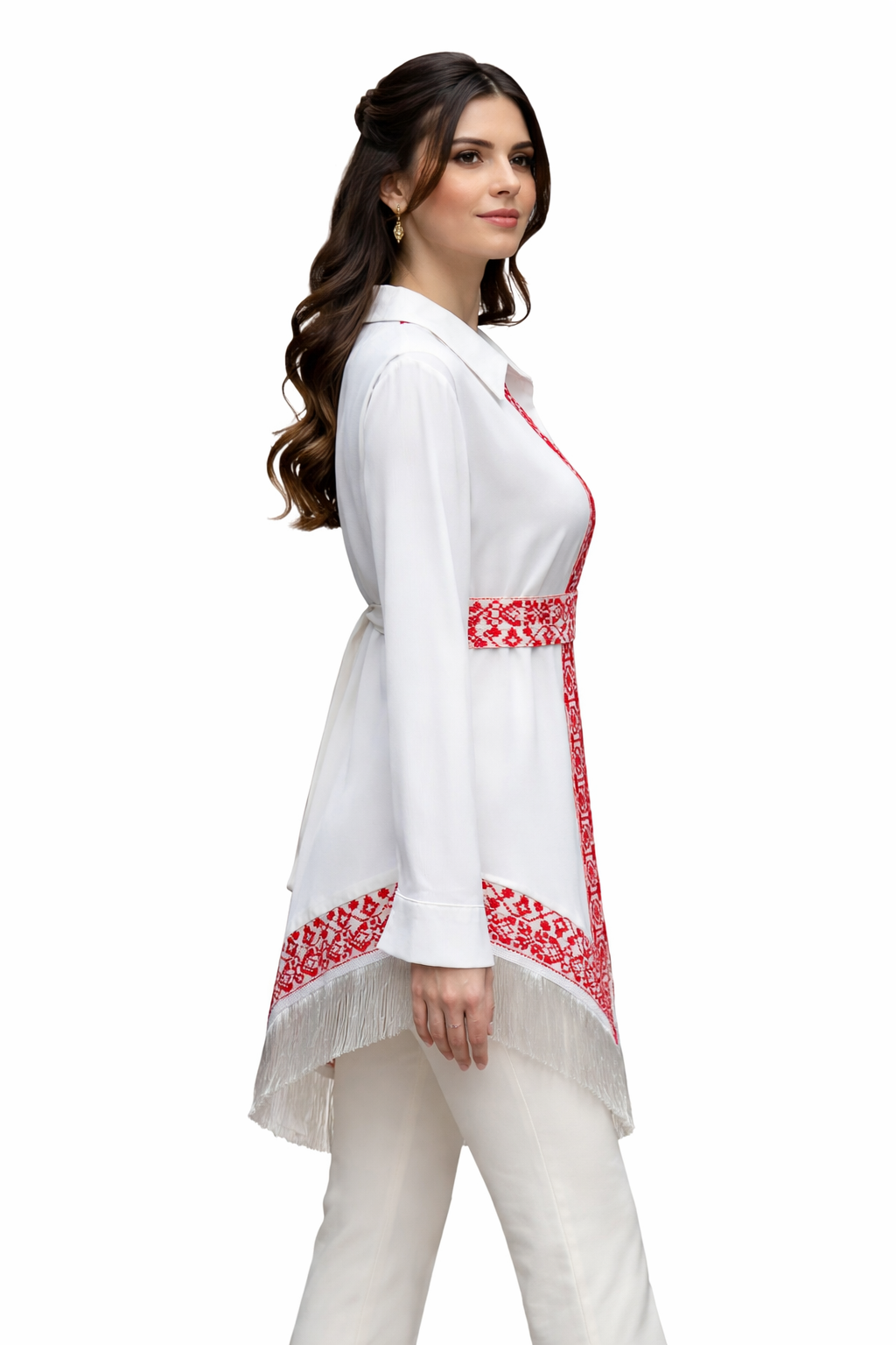 Radiant Elegance: Red & White Embroidered Chiffon Vest