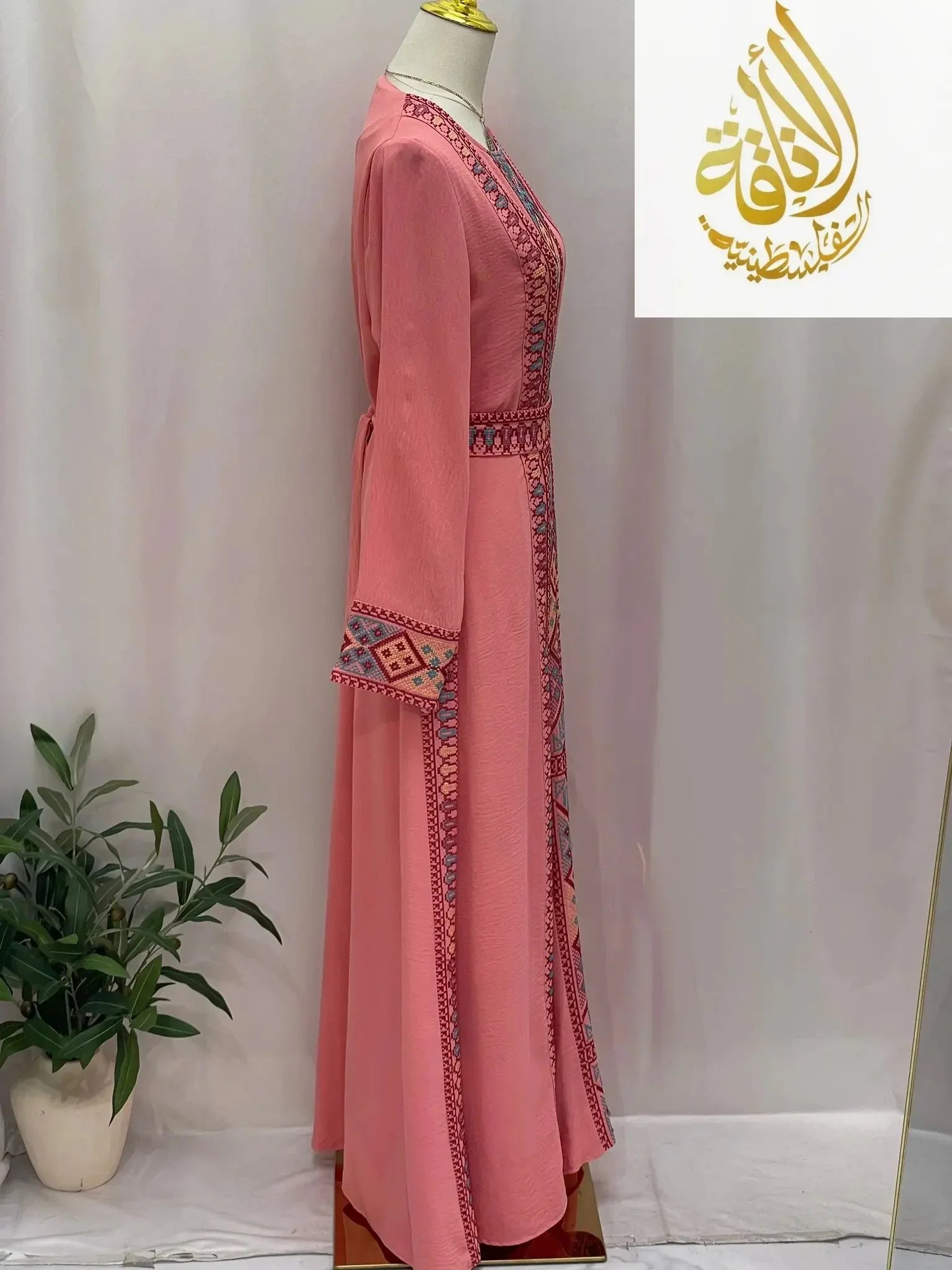 Palestinian Elegance Embroidered 2Pcs Abaya in pink with traditional detailed embroidery on sleeves and front