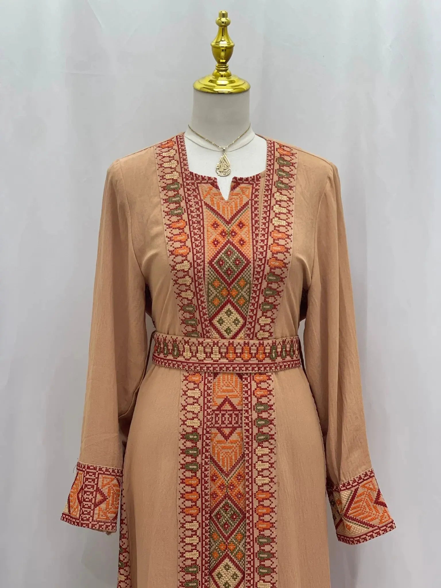 Palestinian Elegance Embroidered 2Pcs Abaya in light brown with intricate traditional embroidery on front and cuffs