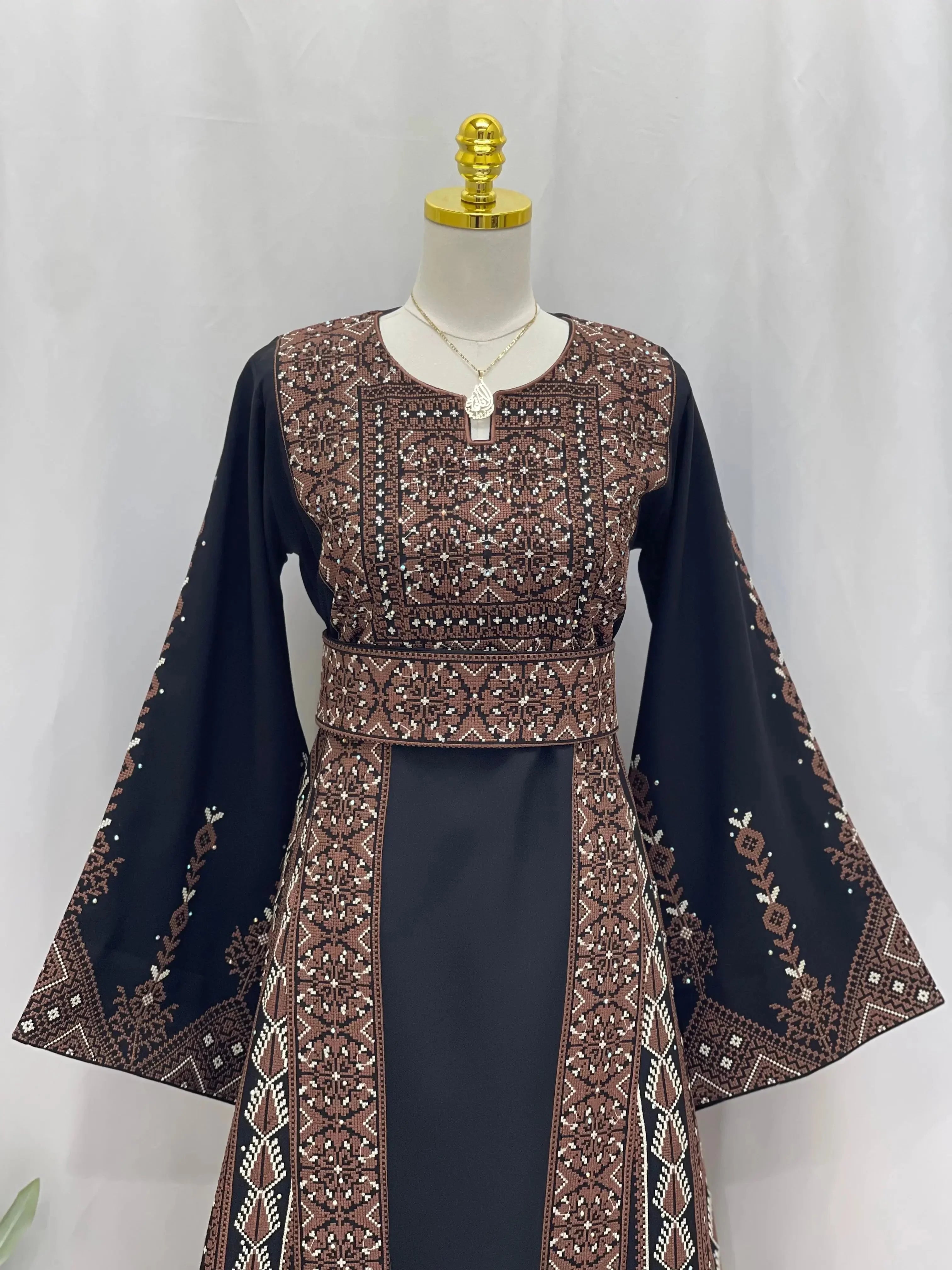 Embroidered Brown Unique Thoub - Palestinian Elegance