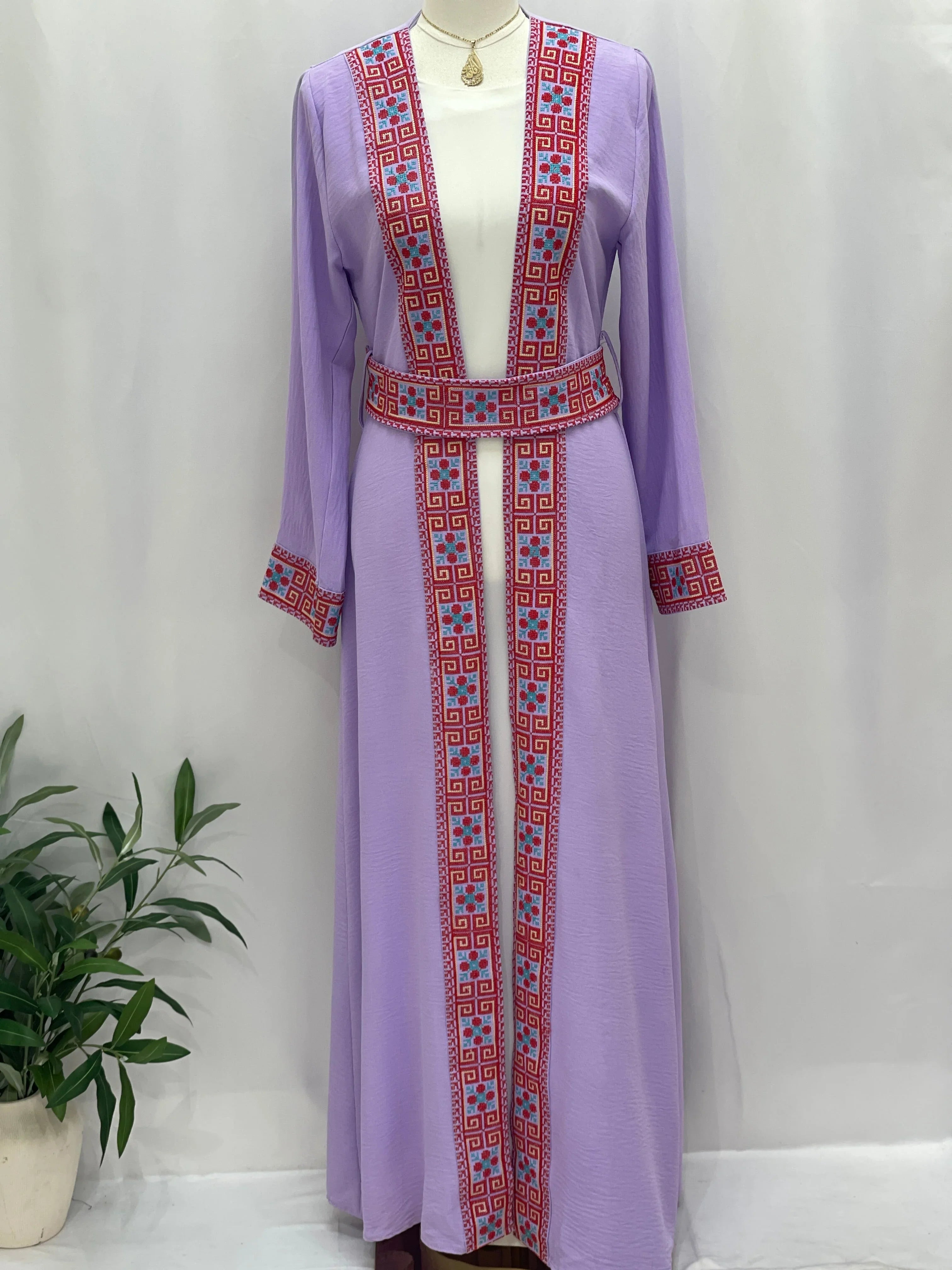 Palestinian Elegance Embroidered Cardigan long lilac open front with red blue geometric trim and belt