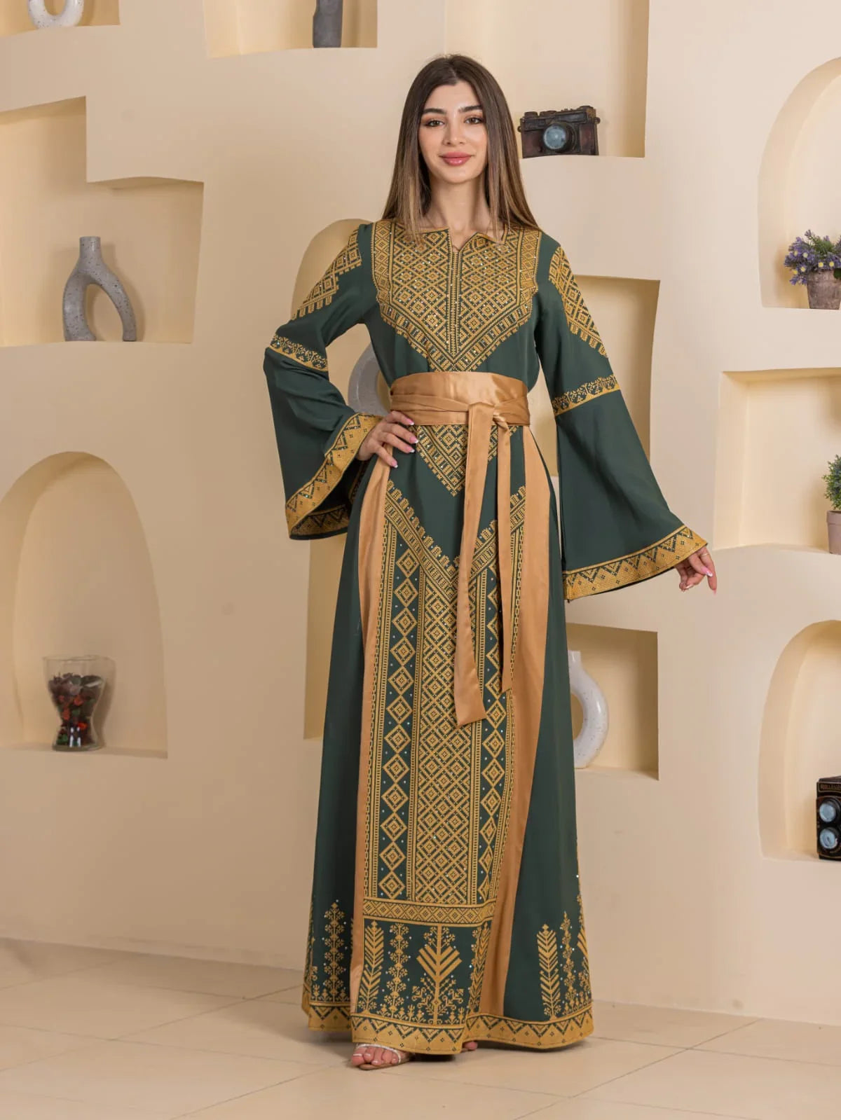 Palestinian Elegance Embroidered Elegance Dress green maxi dress with gold Palestinian embroidery and sash belt