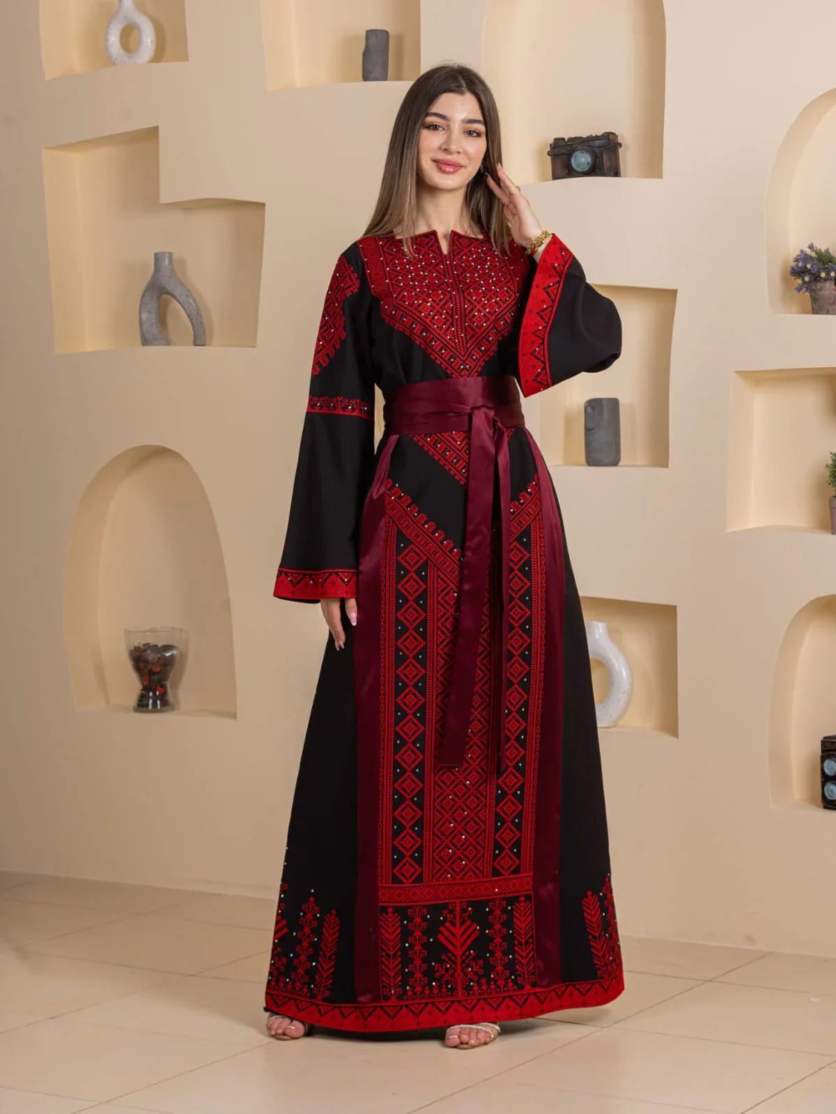 Palestinian Elegance Embroidered Elegance Dress black maxi with red traditional embroidery and satin waist sash