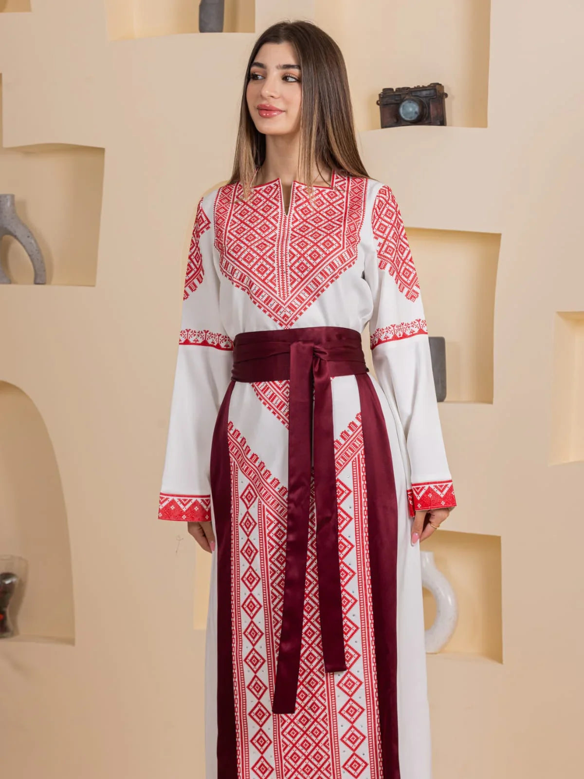 Embroidered Elegance Dress white maxi with red Palestinian geometric embroidery and maroon sash belt