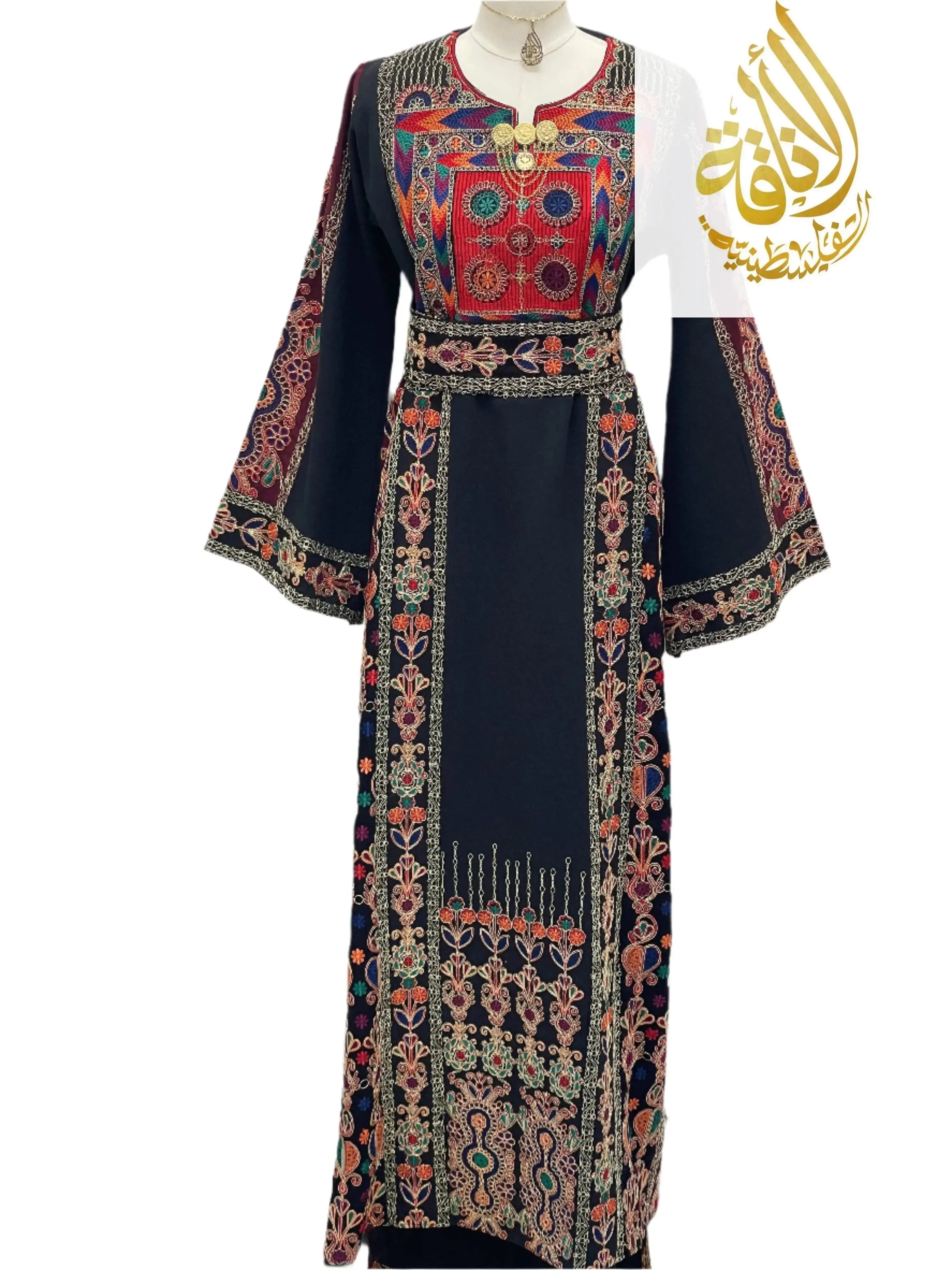 Palestinian Elegance Embroidered Kasab Soft Atmeen Thoub traditional dress with colorful floral embroidery