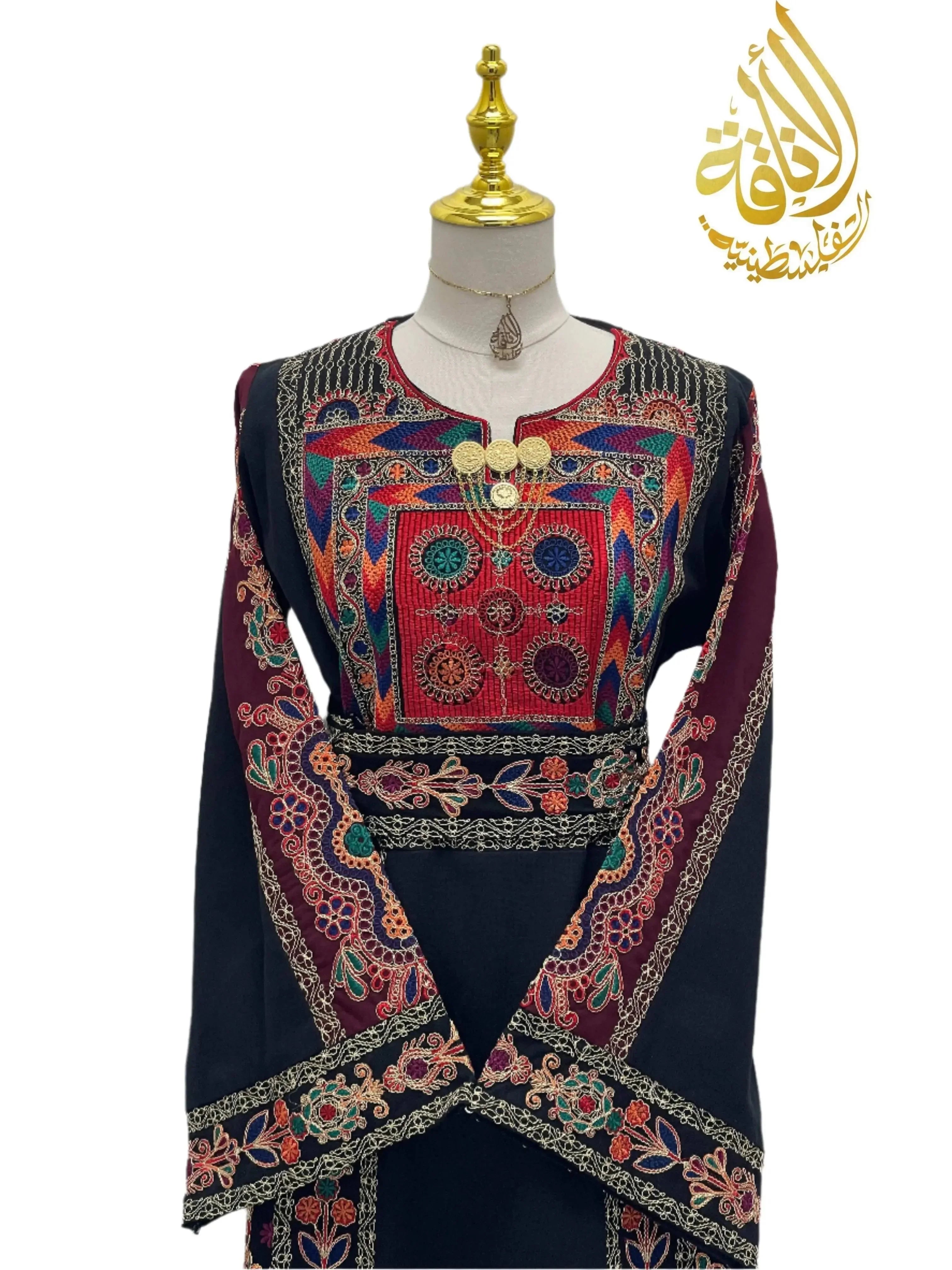 Palestinian Elegance Embroidered Kasab Soft Atmeen Thoub navy blue traditional dress with colorful intricate embroidery