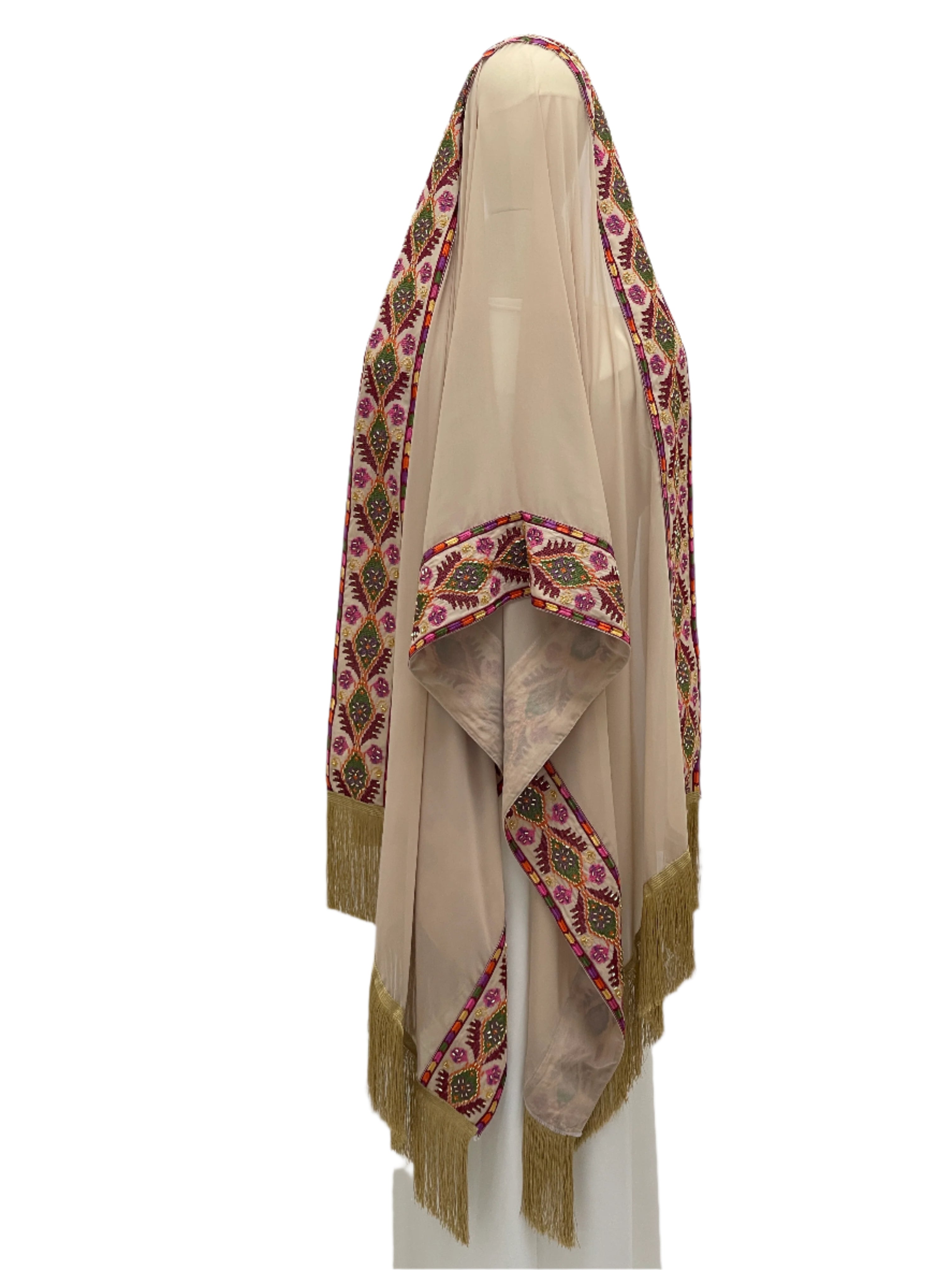Palestinian Elegance Embroidered Khirka-Shal With Beads beige hijab with colorful traditional embroidery and fringed edges