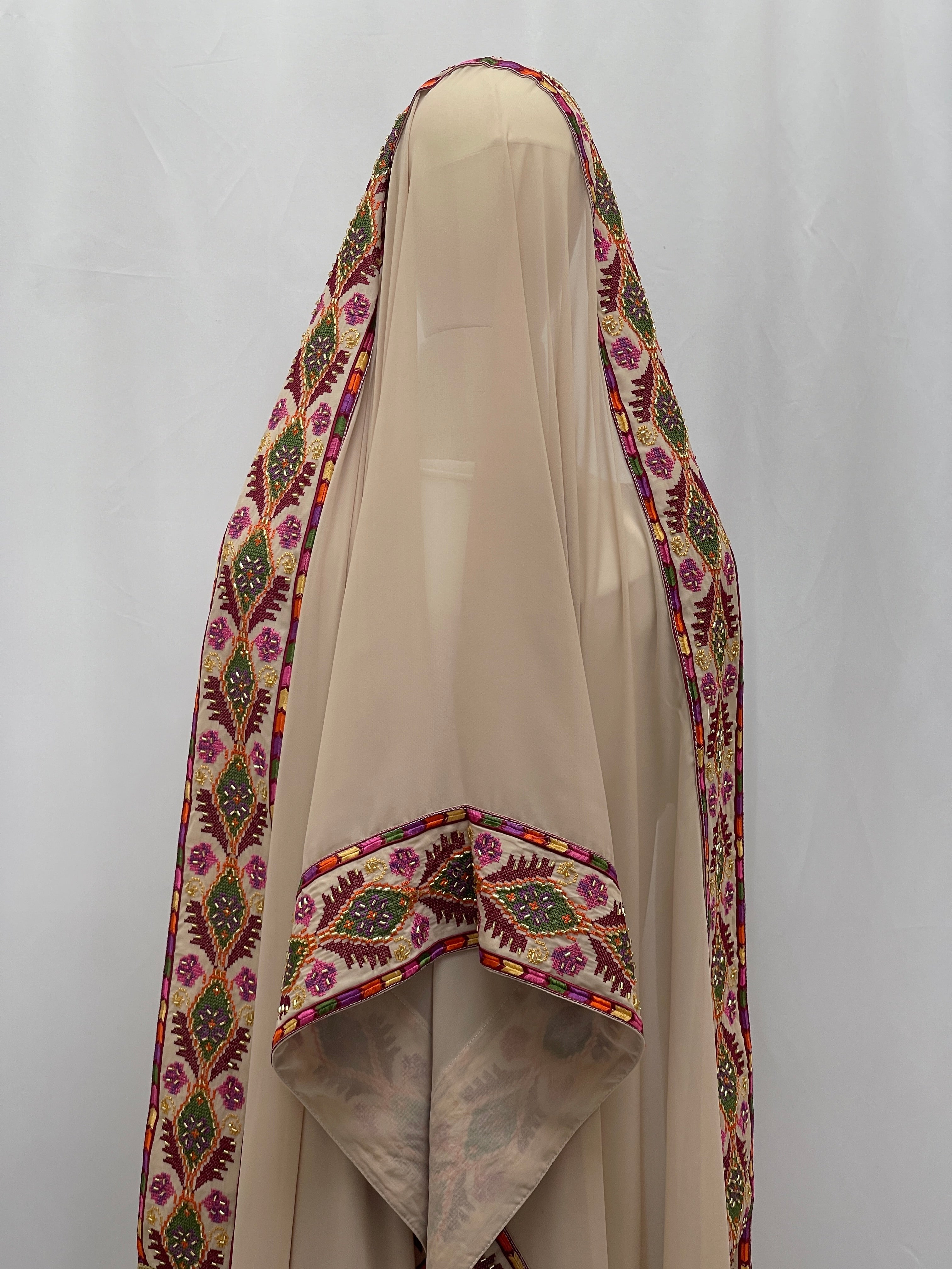 Palestinian Elegance Embroidered Khirka-Shal With Beads beige hijab with detailed colorful floral embroidery along the edges