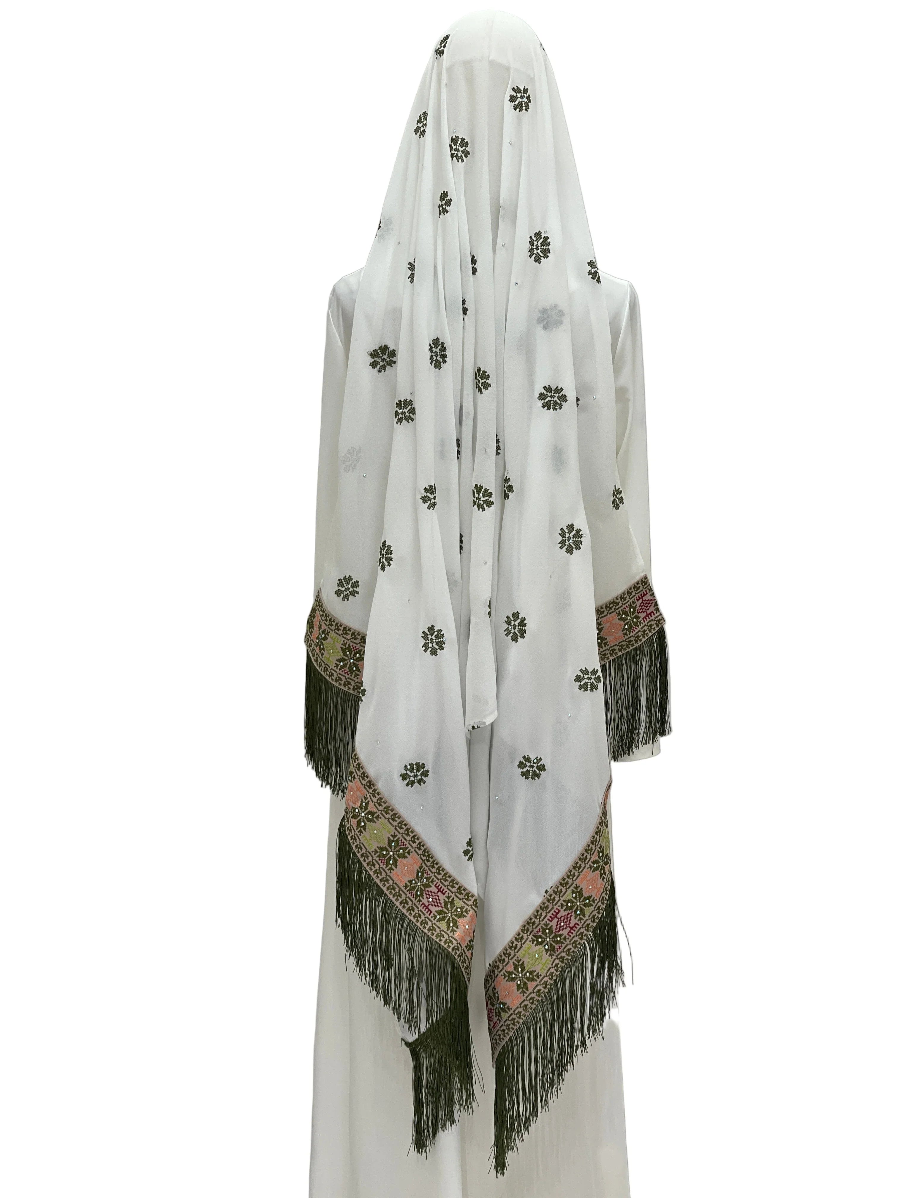 Embroidered Khirka with tassels in white featuring intricate designs and detailed fringes