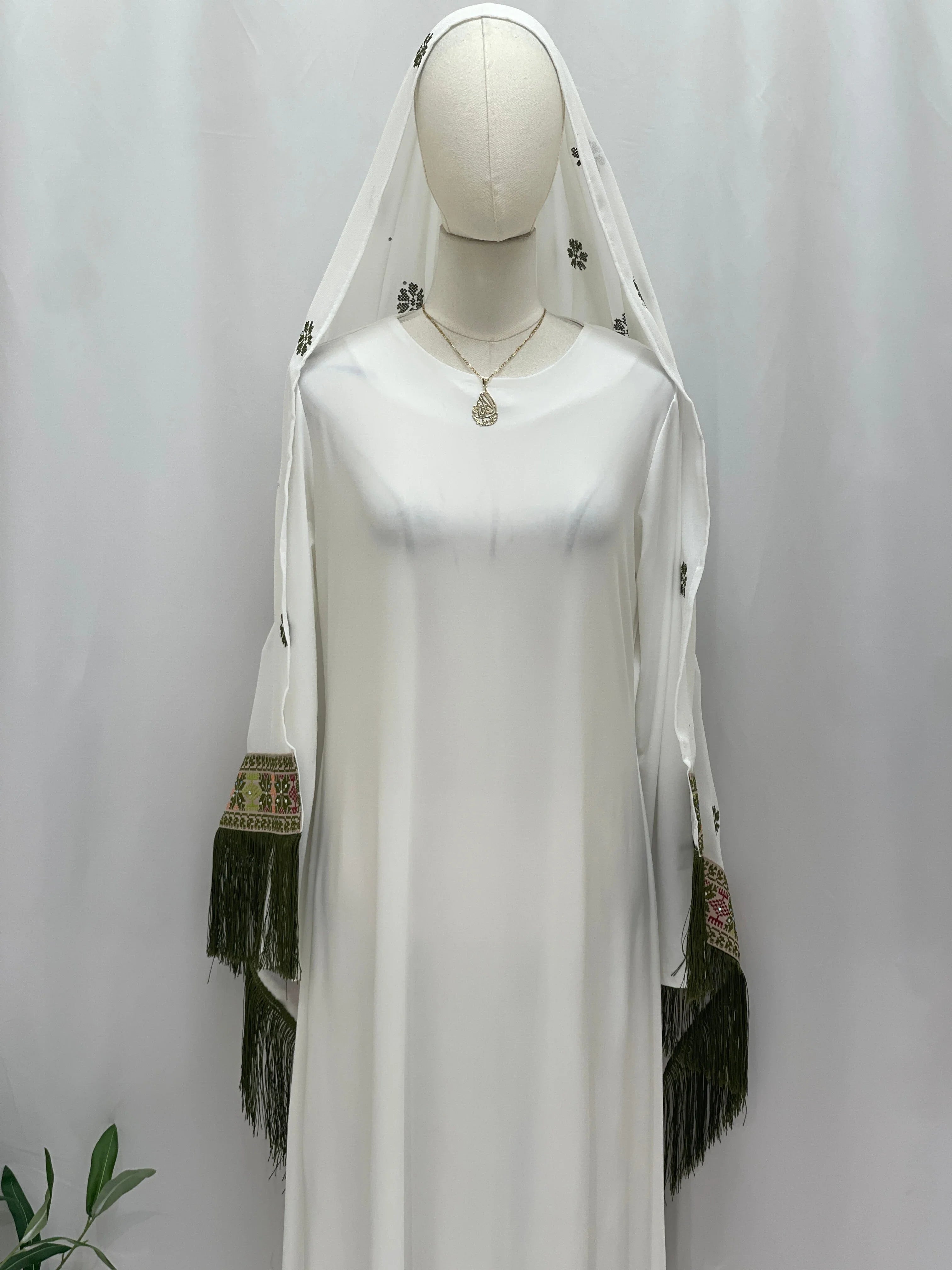 Elegant white Embroidered Khirka With tassels featuring intricate designs and a delicate overlay