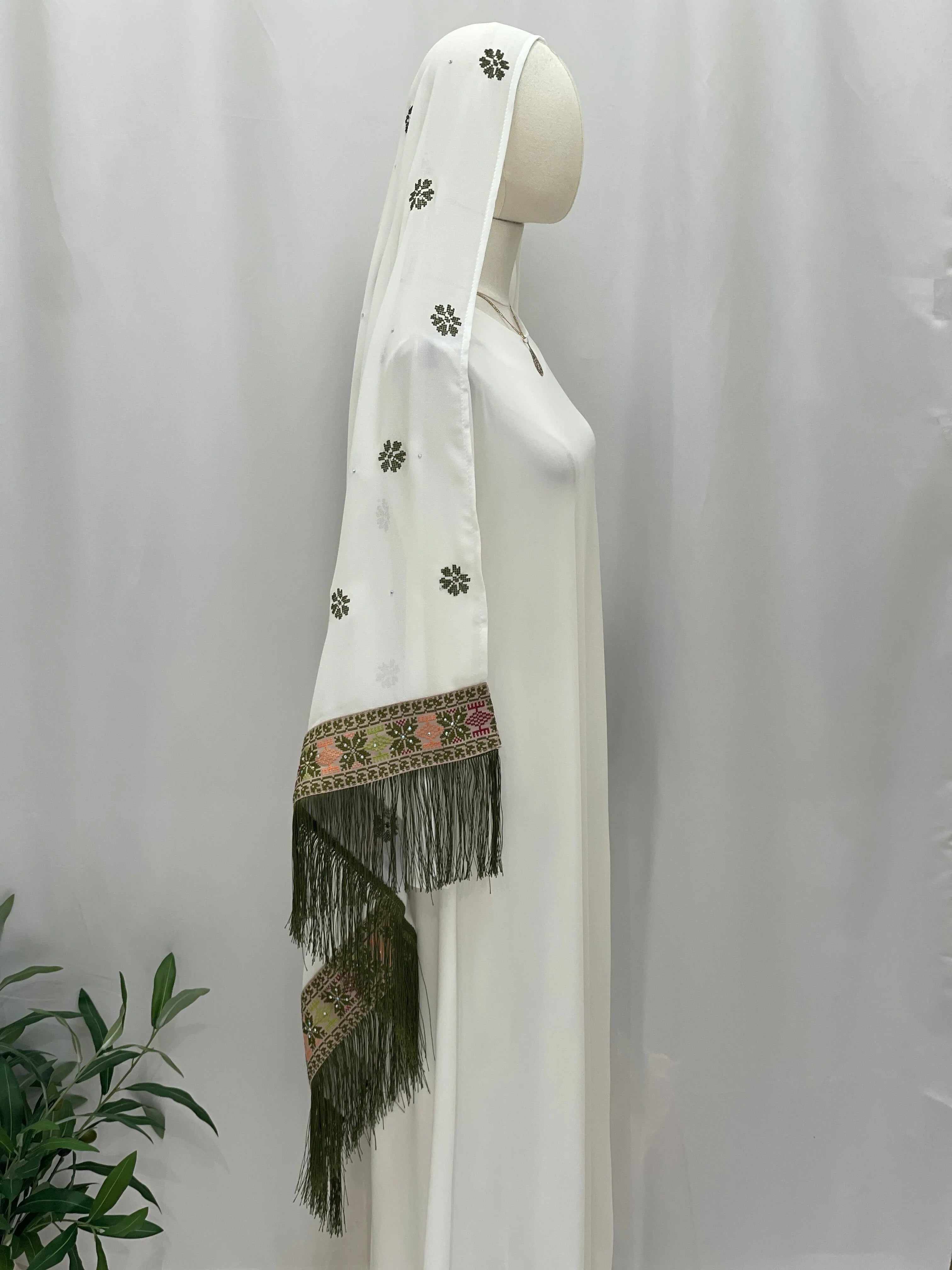 Elegant Embroidered Khirka With tassels in white, featuring intricate designs and decorative trimming