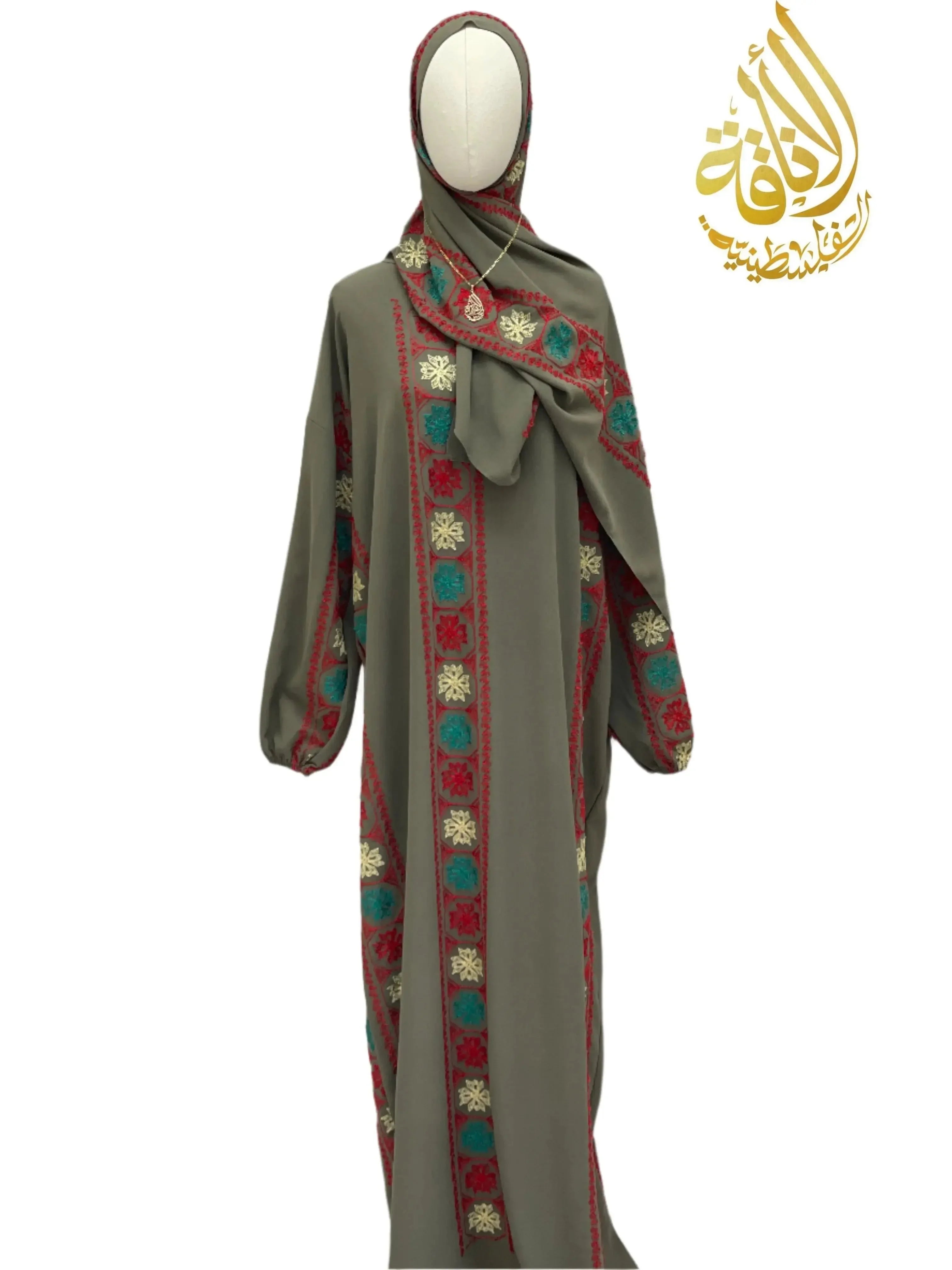 Palestinian Elegance embroidered prayer dress in olive green with colorful traditional embroidery and matching headscarf
