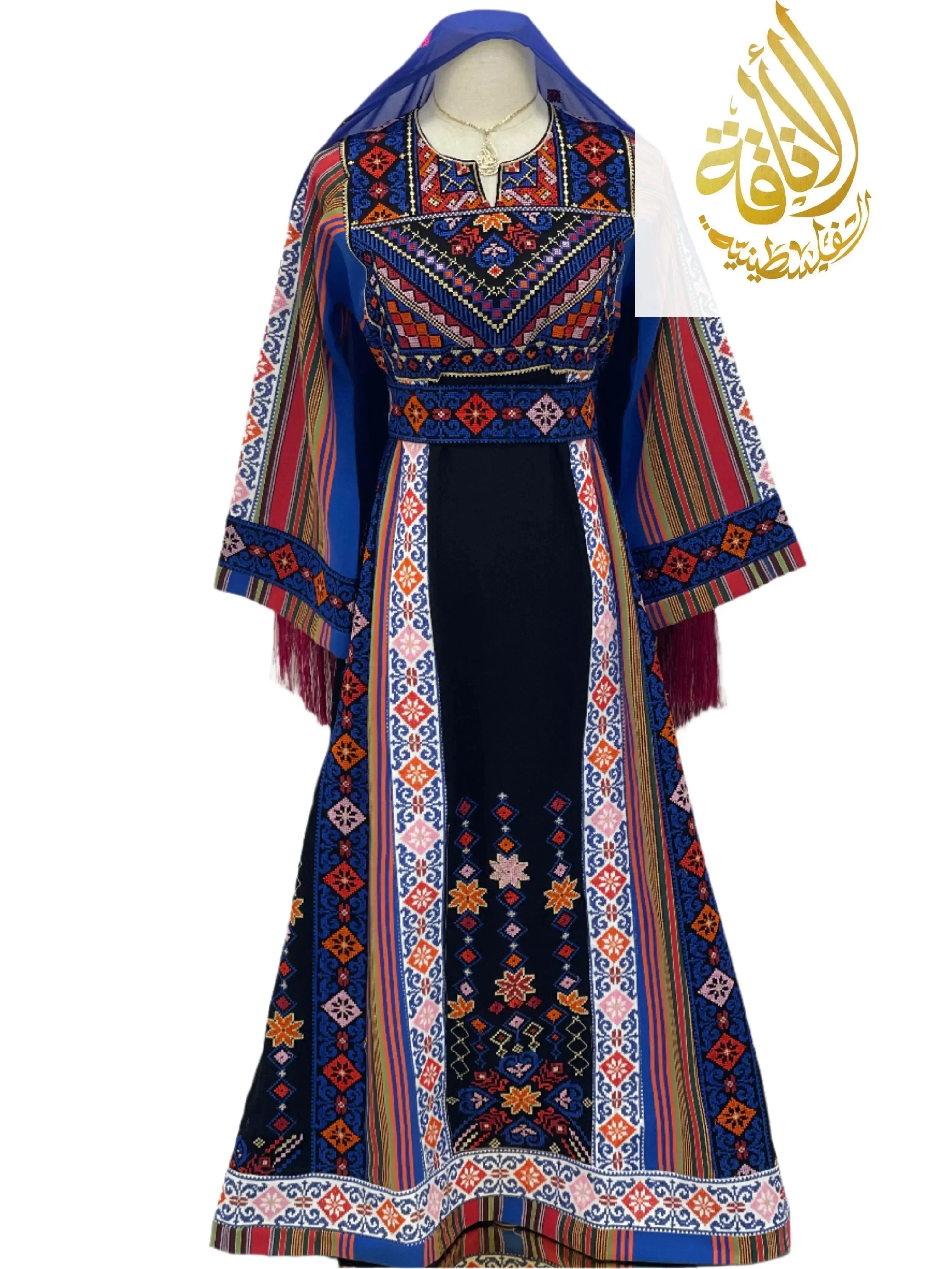 Palestinian Elegance embroidered thoub for teens with colorful traditional patterns and long sleeves