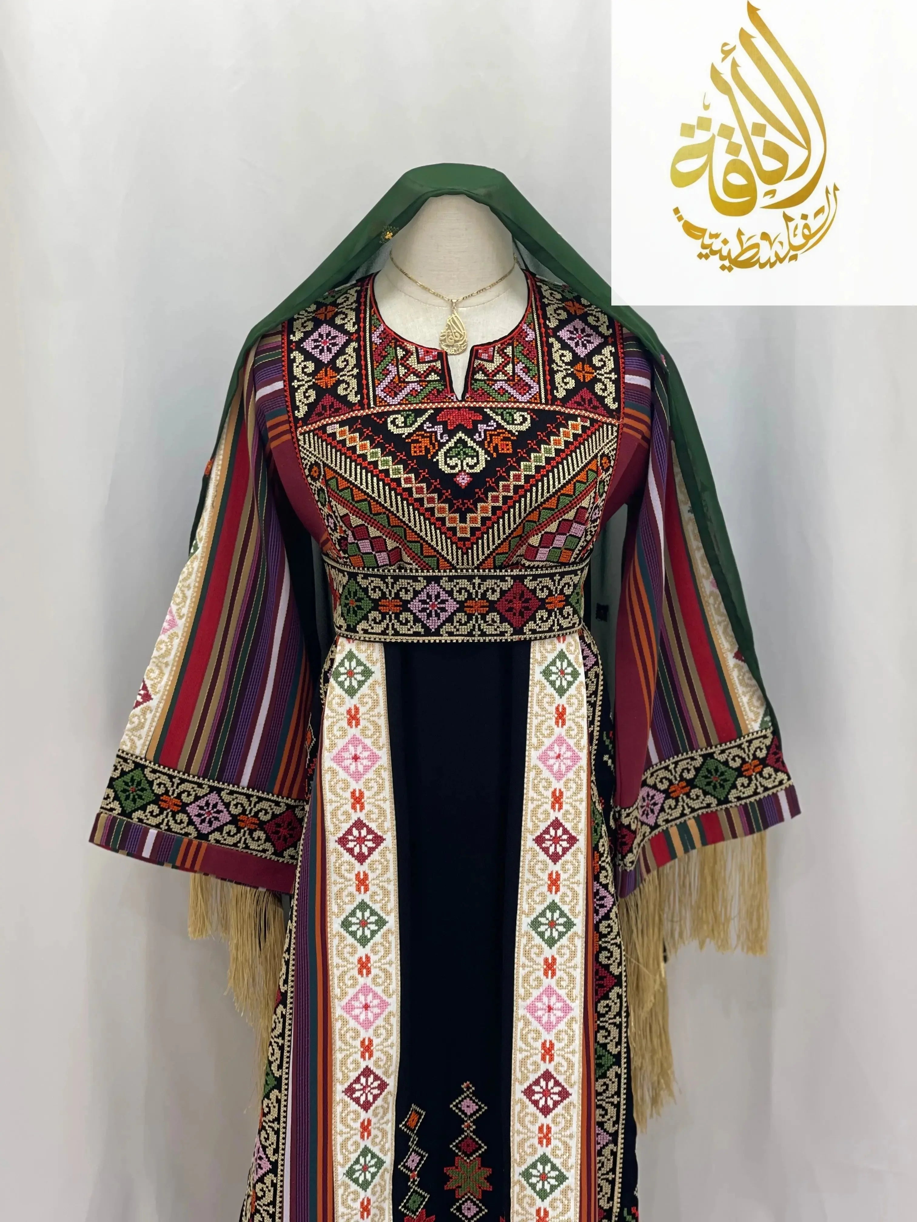 Palestinian Elegance embroidered thoub for teens with colorful traditional geometric patterns and striped sleeves