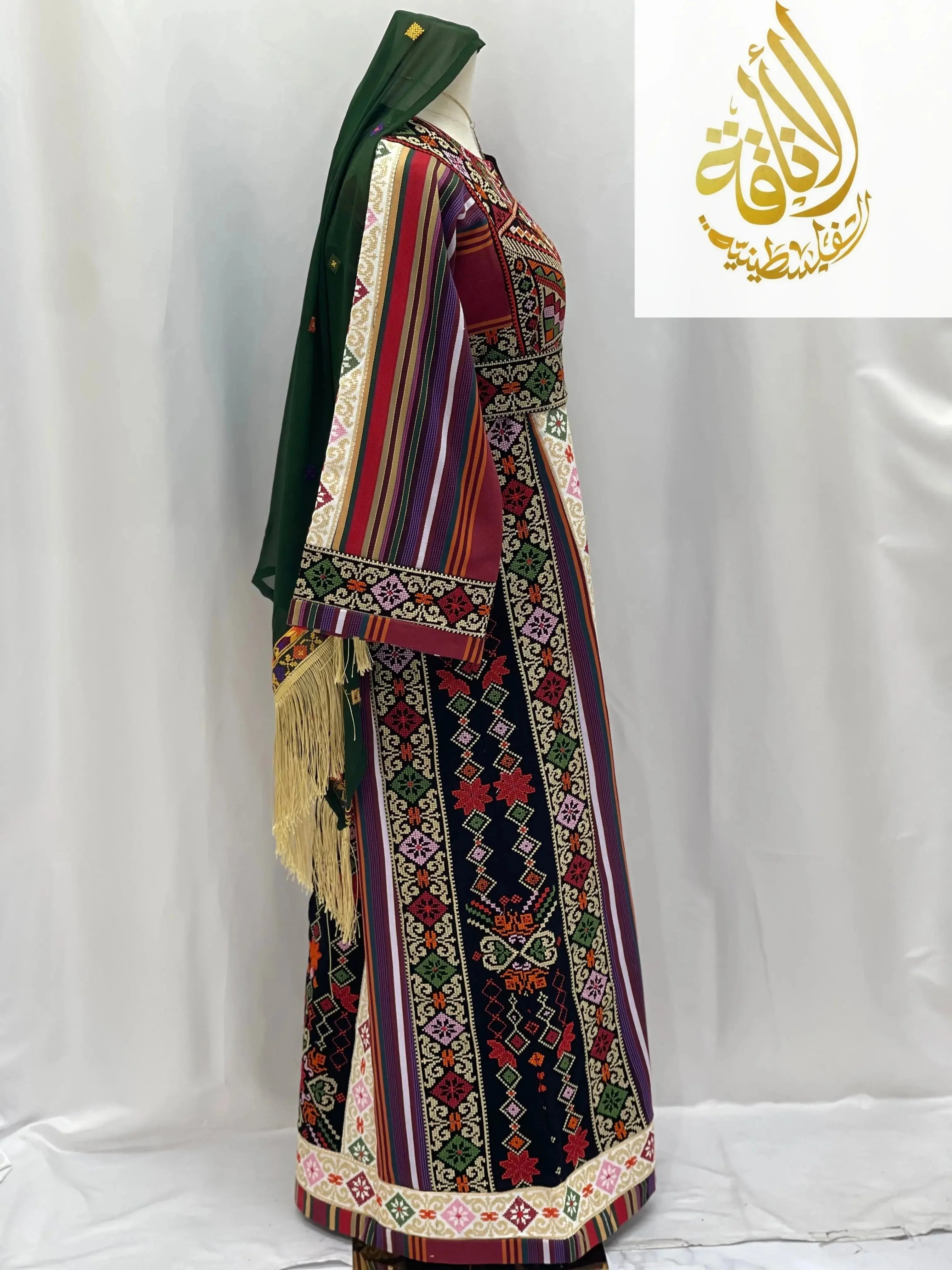 Palestinian Elegance embroidered thoub for teens with colorful traditional embroidery and green headscarf