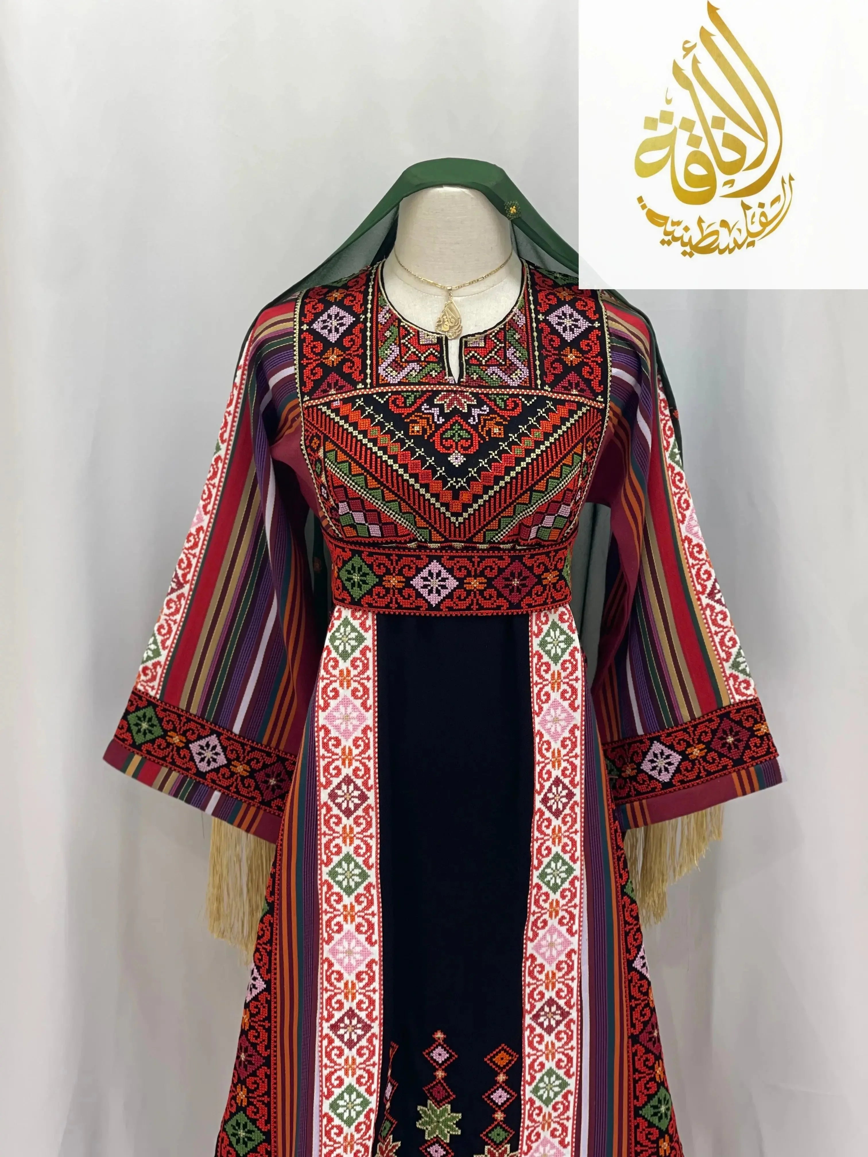 Palestinian Elegance embroidered thoub for teens with colorful traditional embroidery on black fabric