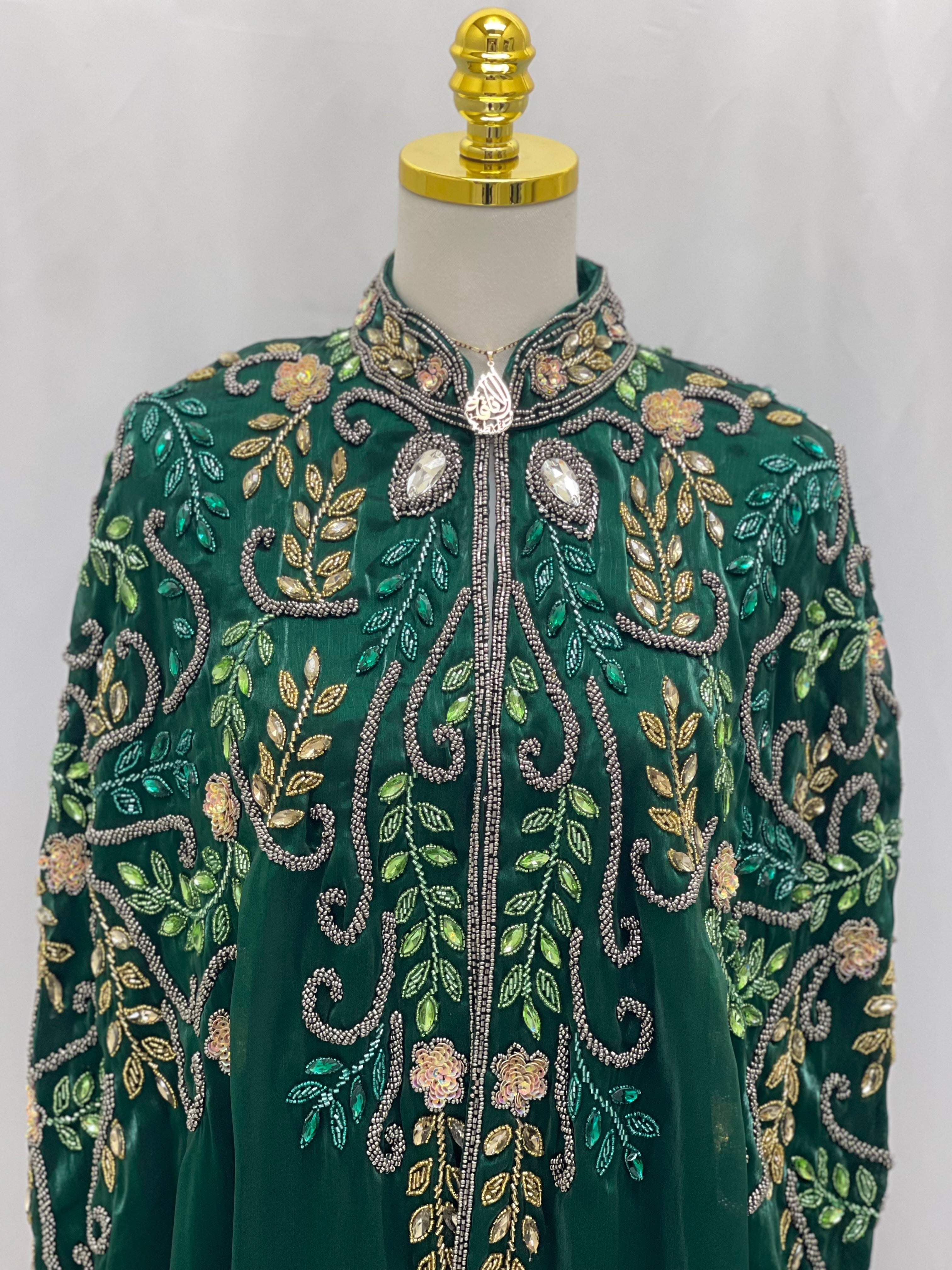 Emerald Luxury Bejeweled Cape - Palestinian Elegance