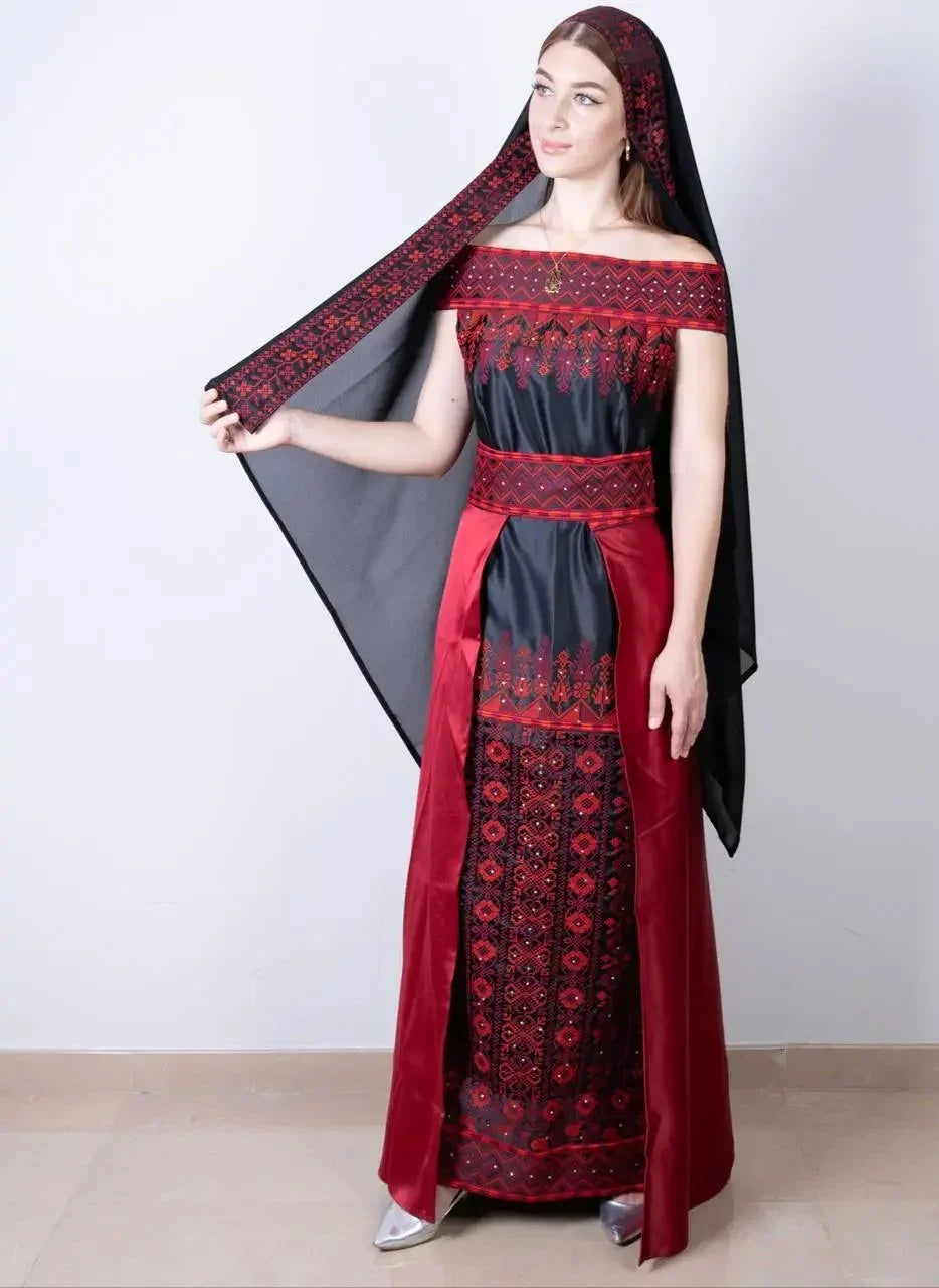 Exquisite Elegance: Embroidered Dress With Skirt Palestinian Elegance