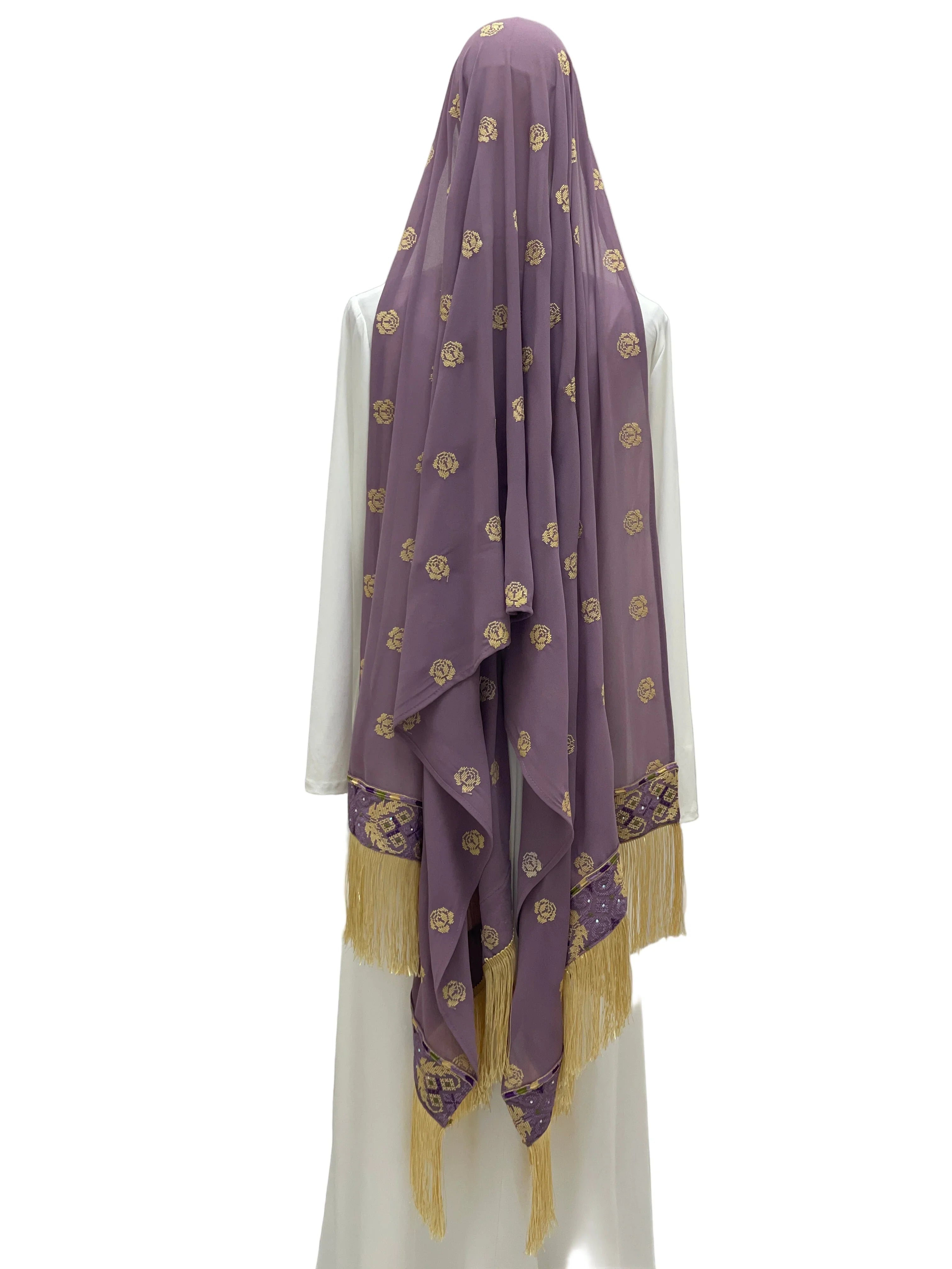 Extra Long Embroidered Floral Khirka in Lavender with Elegant Fringed Edges