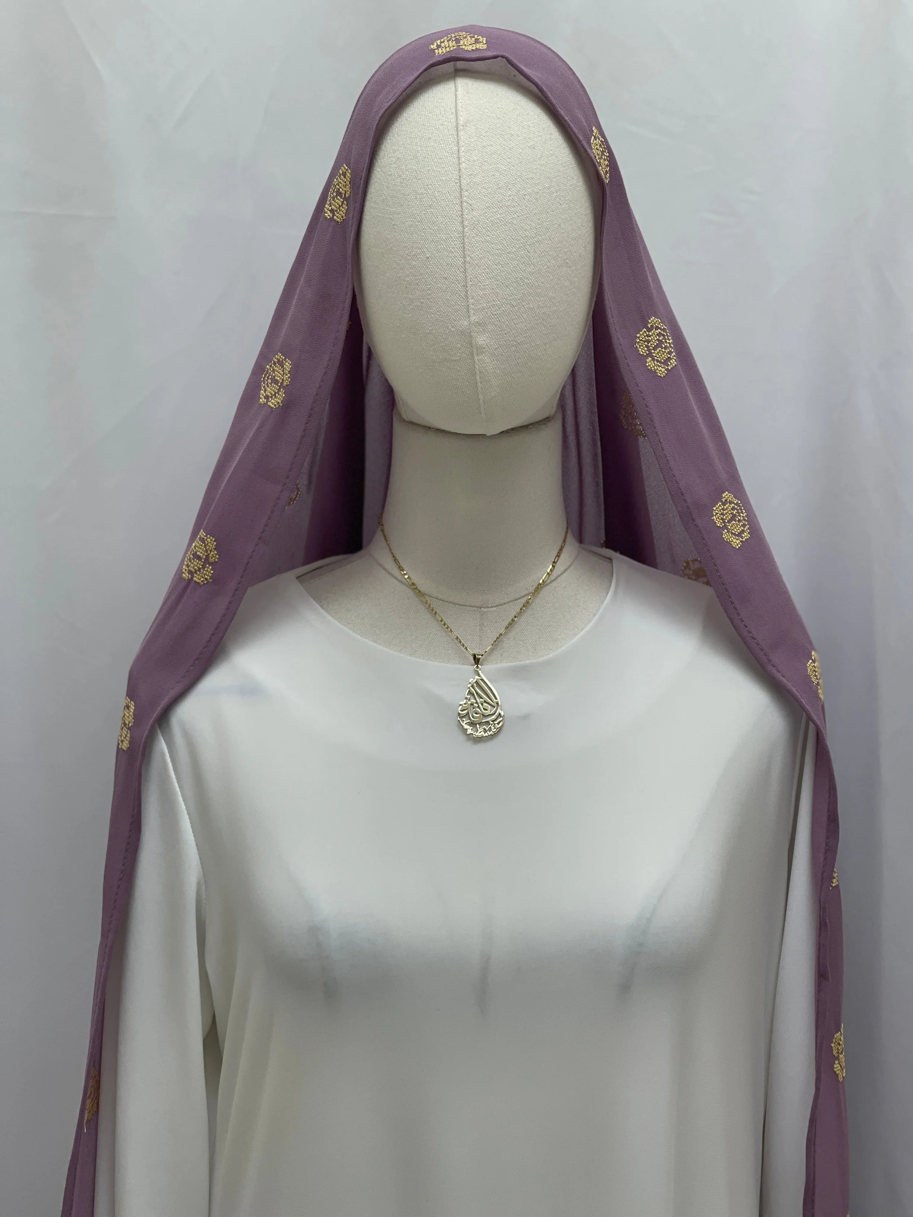 Extra Long Embroidered Floral Khirka in Lavender with Elegant Floral Patterns and a Gold Necklace