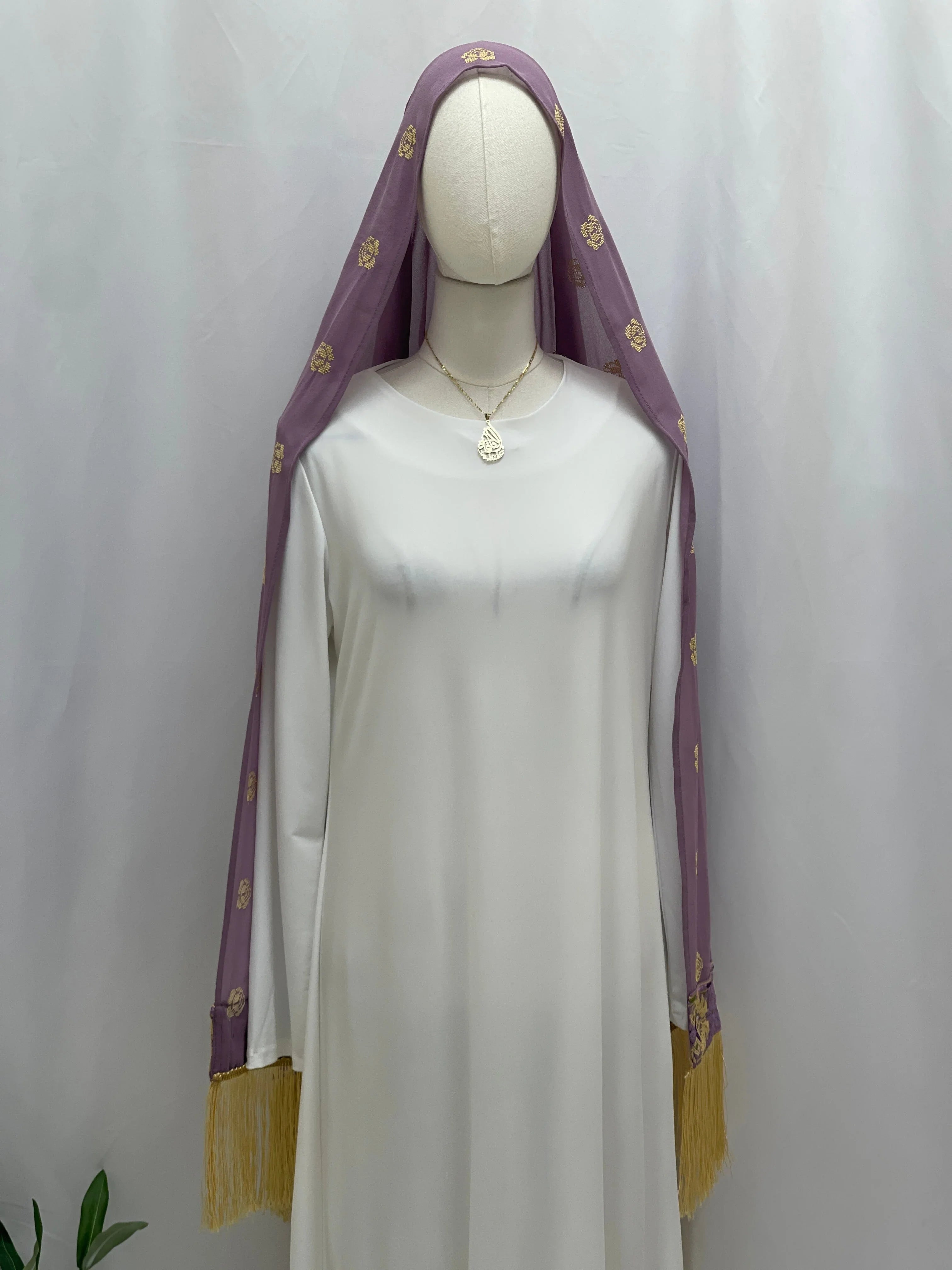 Extra Long Embroidered Floral Khirka in Lavender with Elegant Gold Accents and Fringed Edges