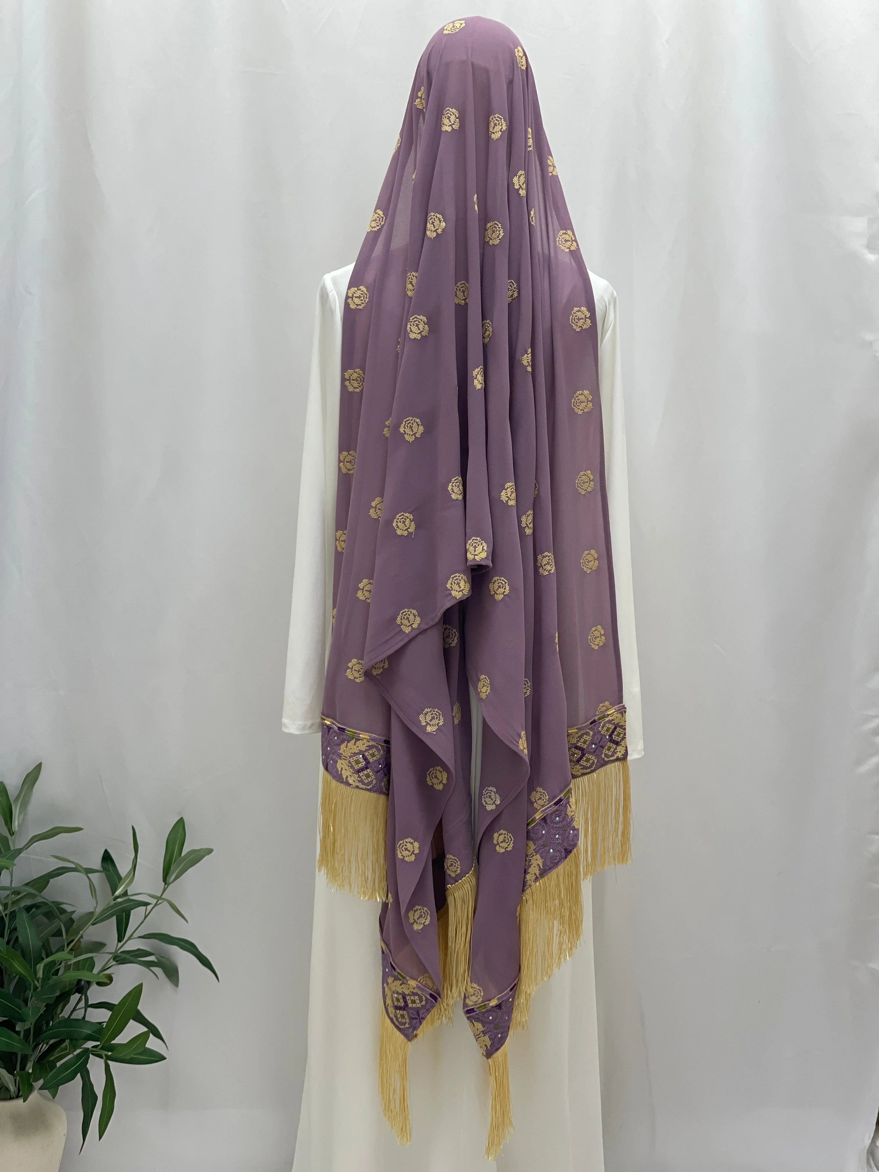 Extra Long Embroidered Floral Khirka in Purple with Elegant Fringe Detail and Intricate Design