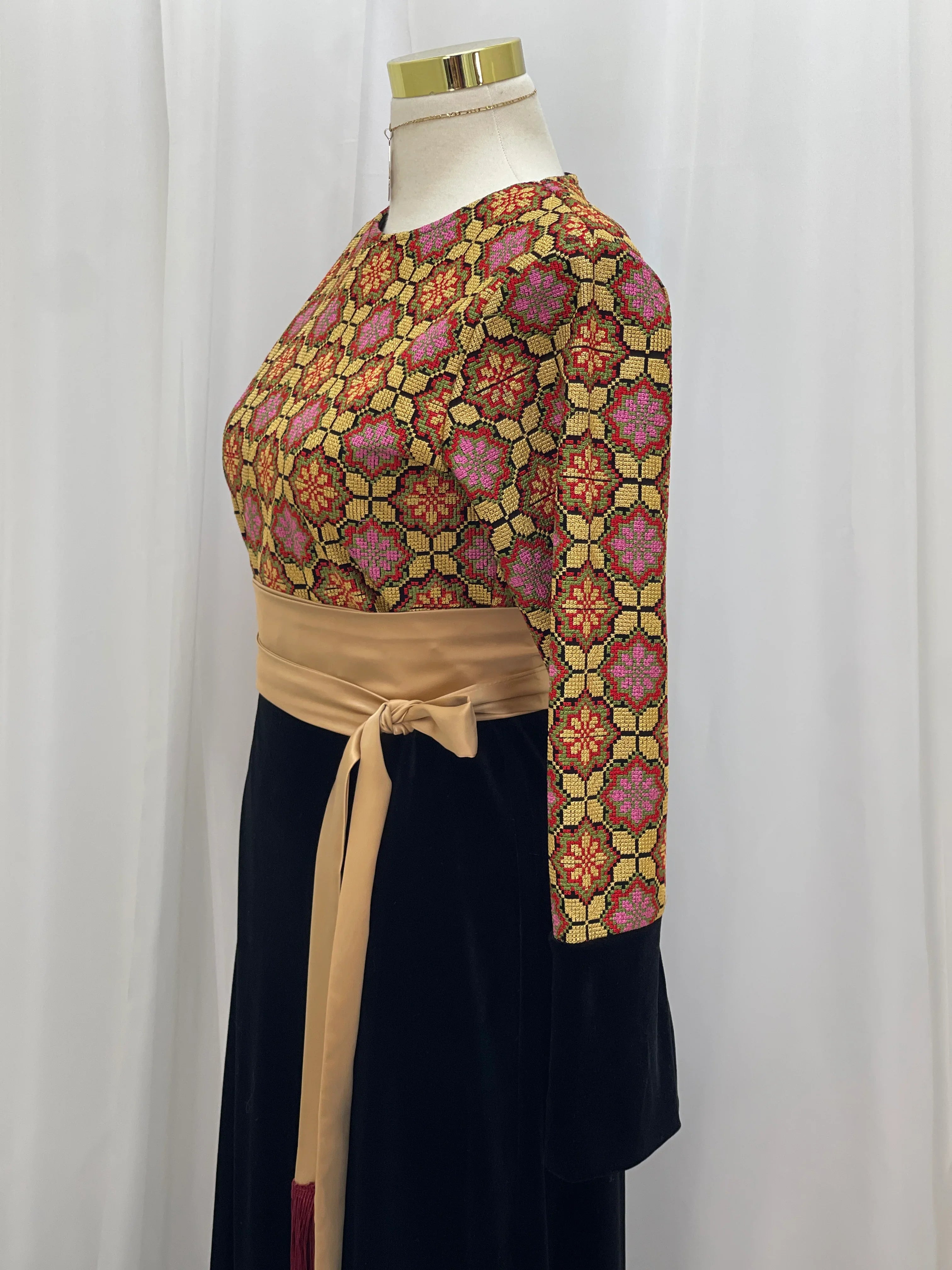 Embroidered Velvet Maxi Dress with Satin Belt