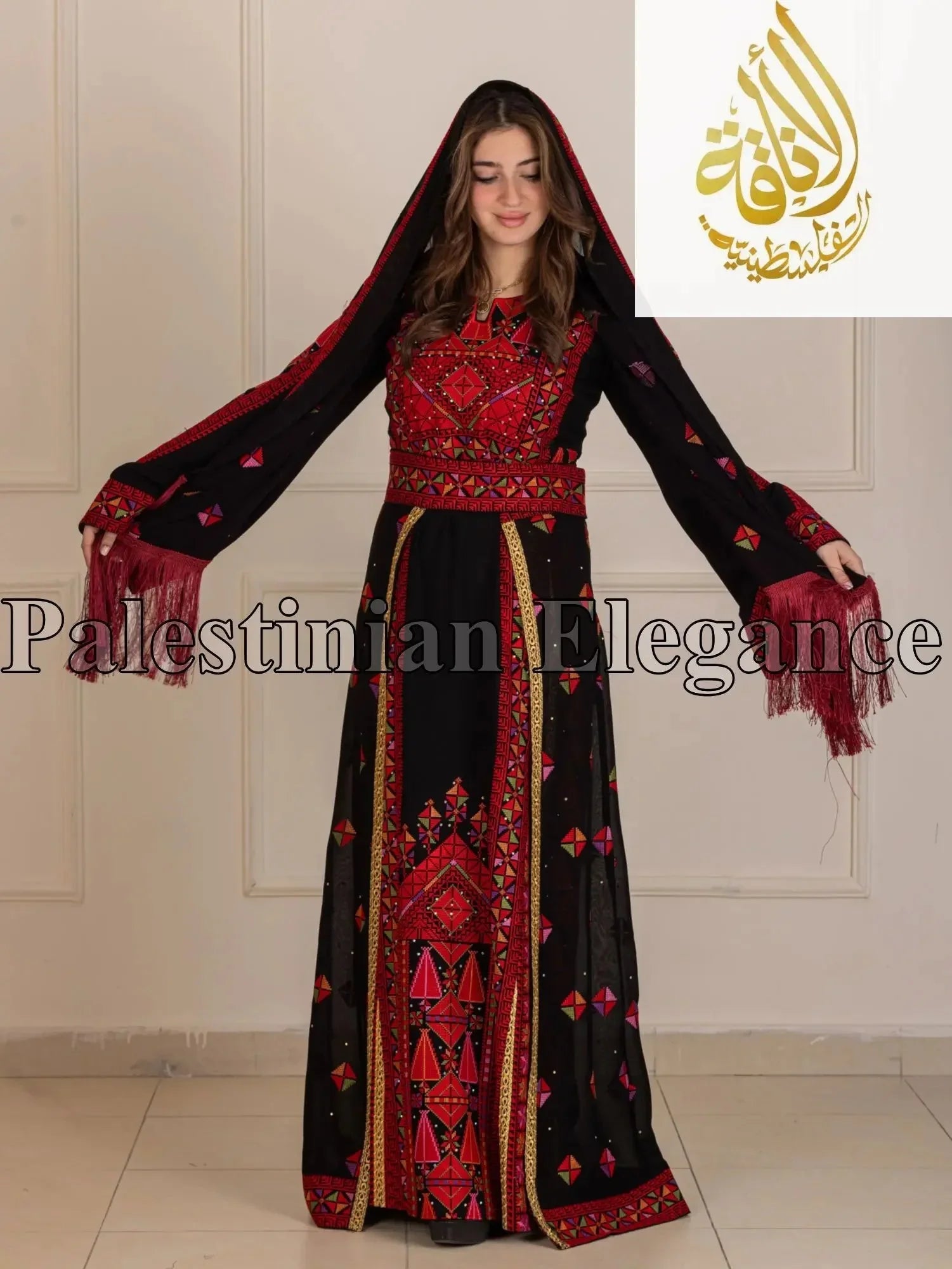 Falahi thoub with overskirt Embroidered Dress and khirka - Palestinian Elegance