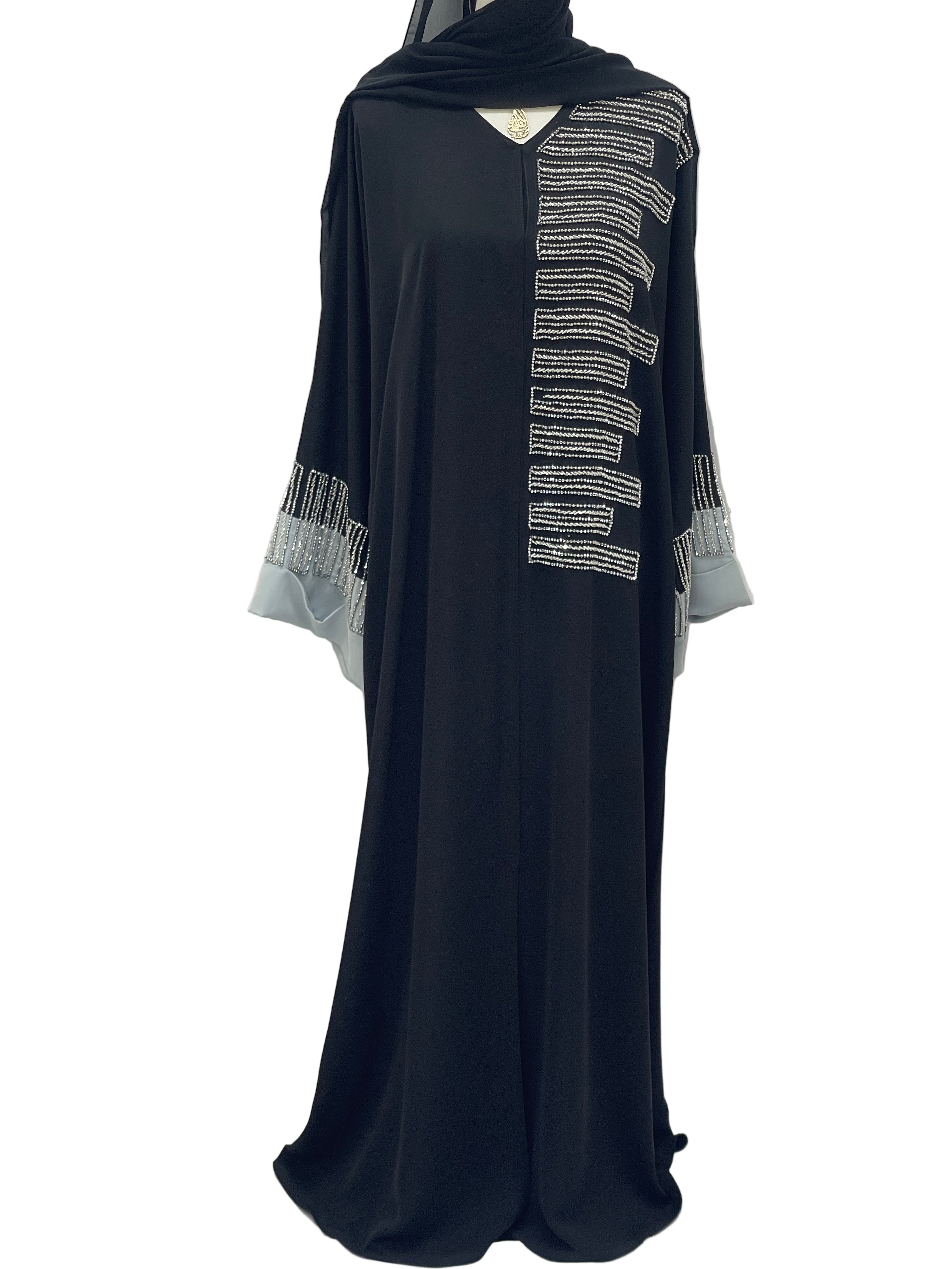 Palestinian Elegance Fancy Beads Dubai Abaya black full length abaya with silver bead embroidery on front and cuffs