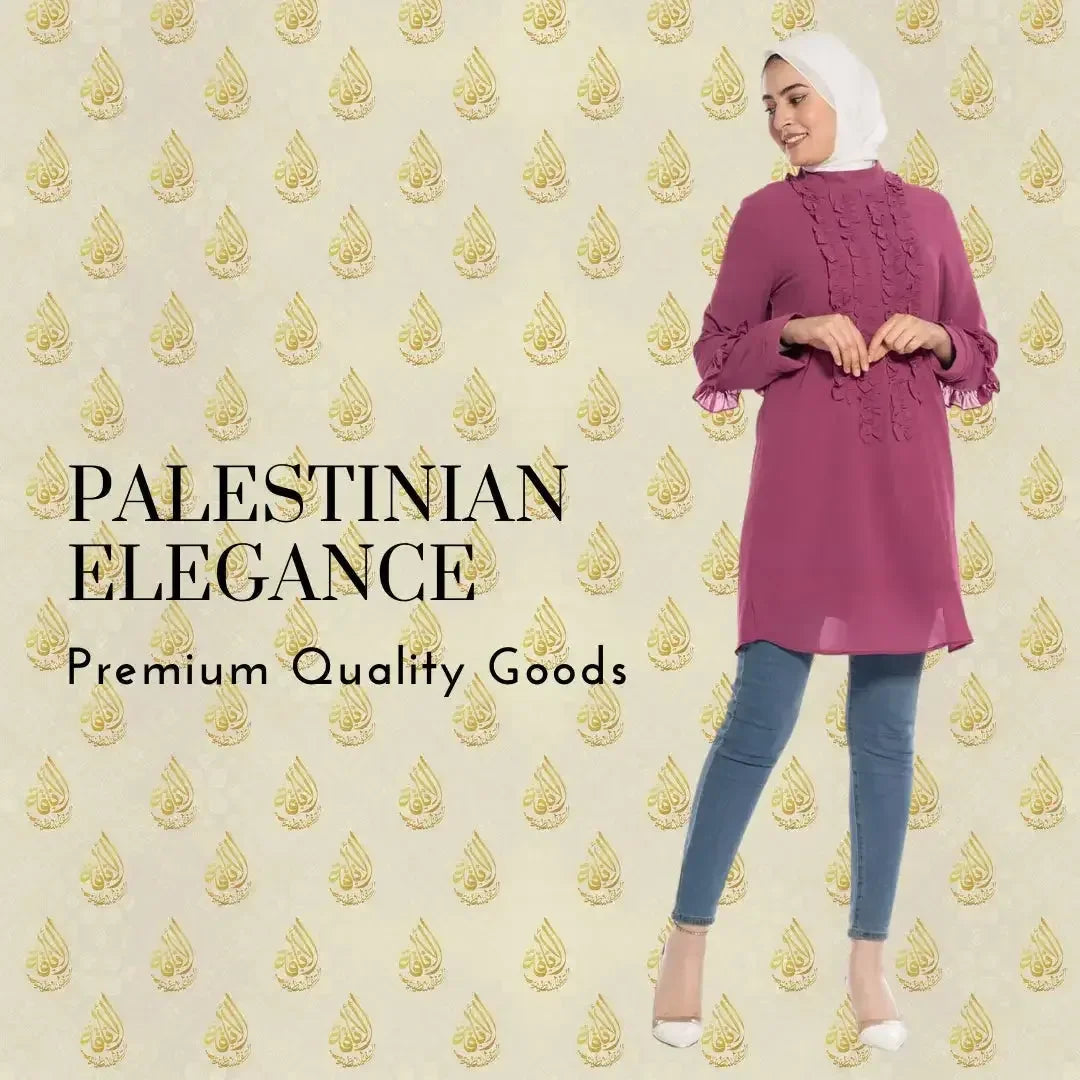 Luxury women's embroidered shirt in purple worn with jeans and white heels by Palestinian Elegance