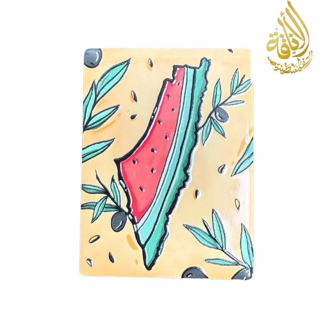 Palestinian fridge magnet with colorful watermelon and olive branch design by Palestinian Elegance