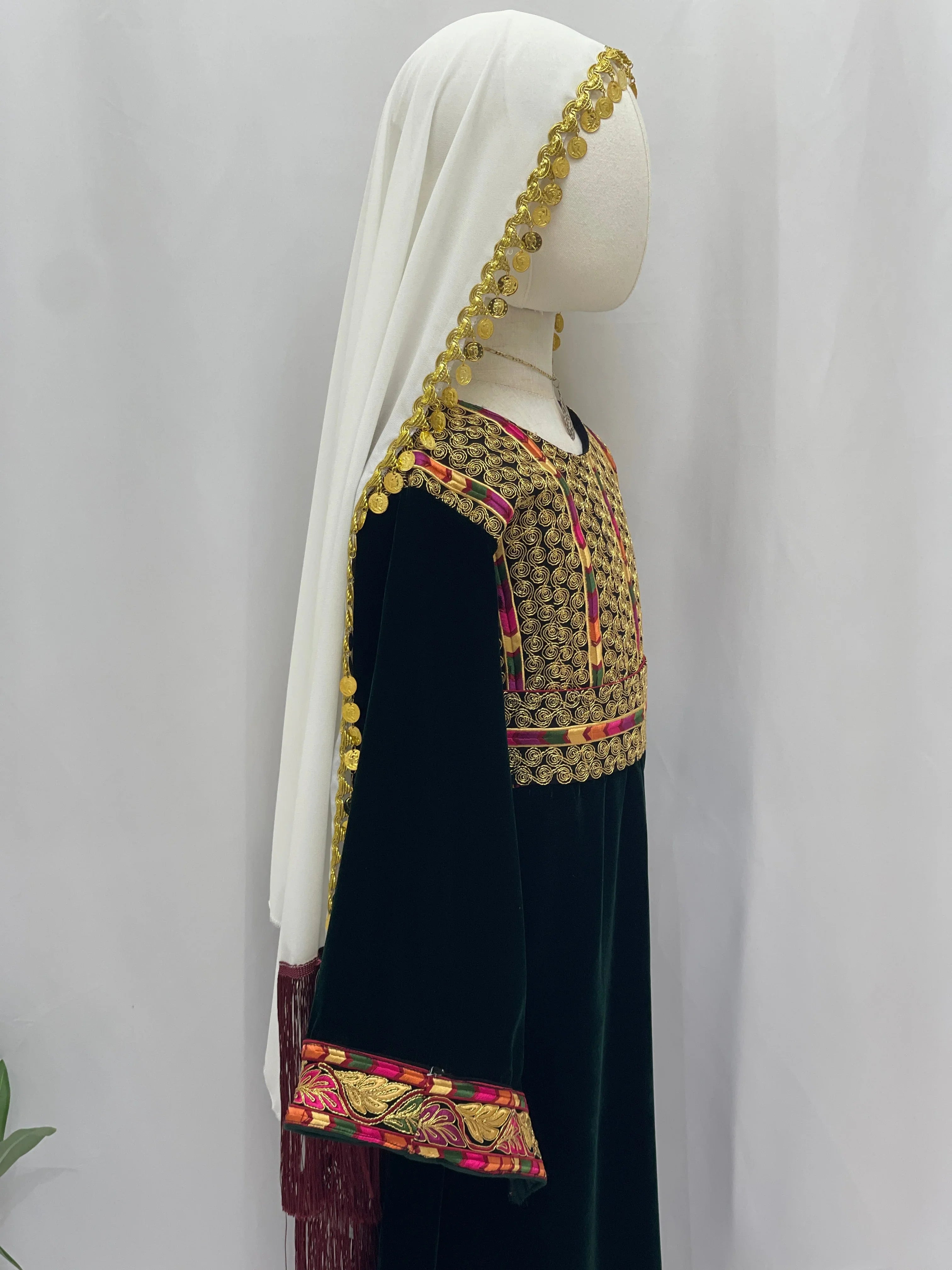 Emerald Velvet Embroidered Qasab Thobe with intricate detailing and a matching headscarf