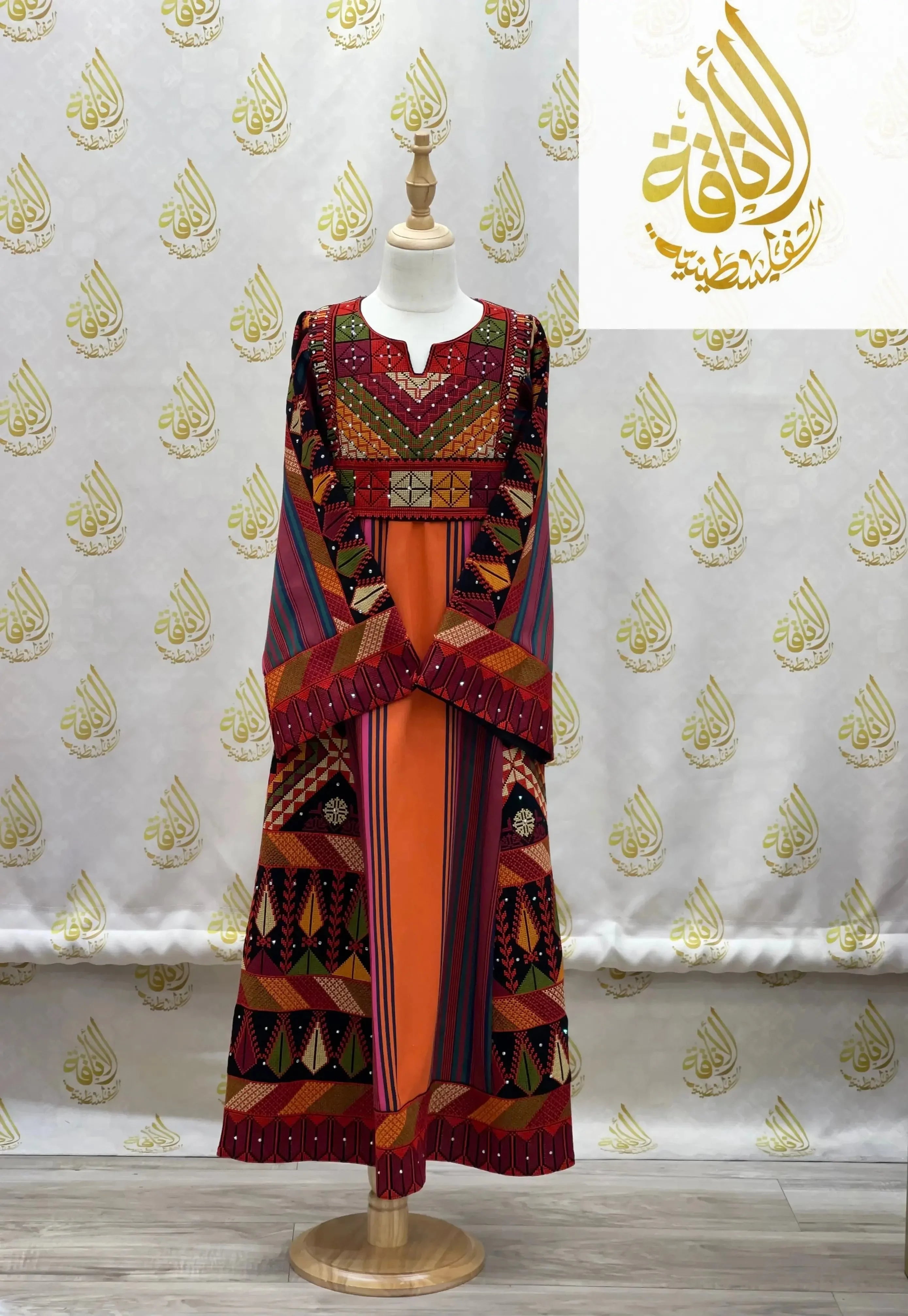 Girls Orange Embroidered Thoub Majdalawe Palestinian Elegance