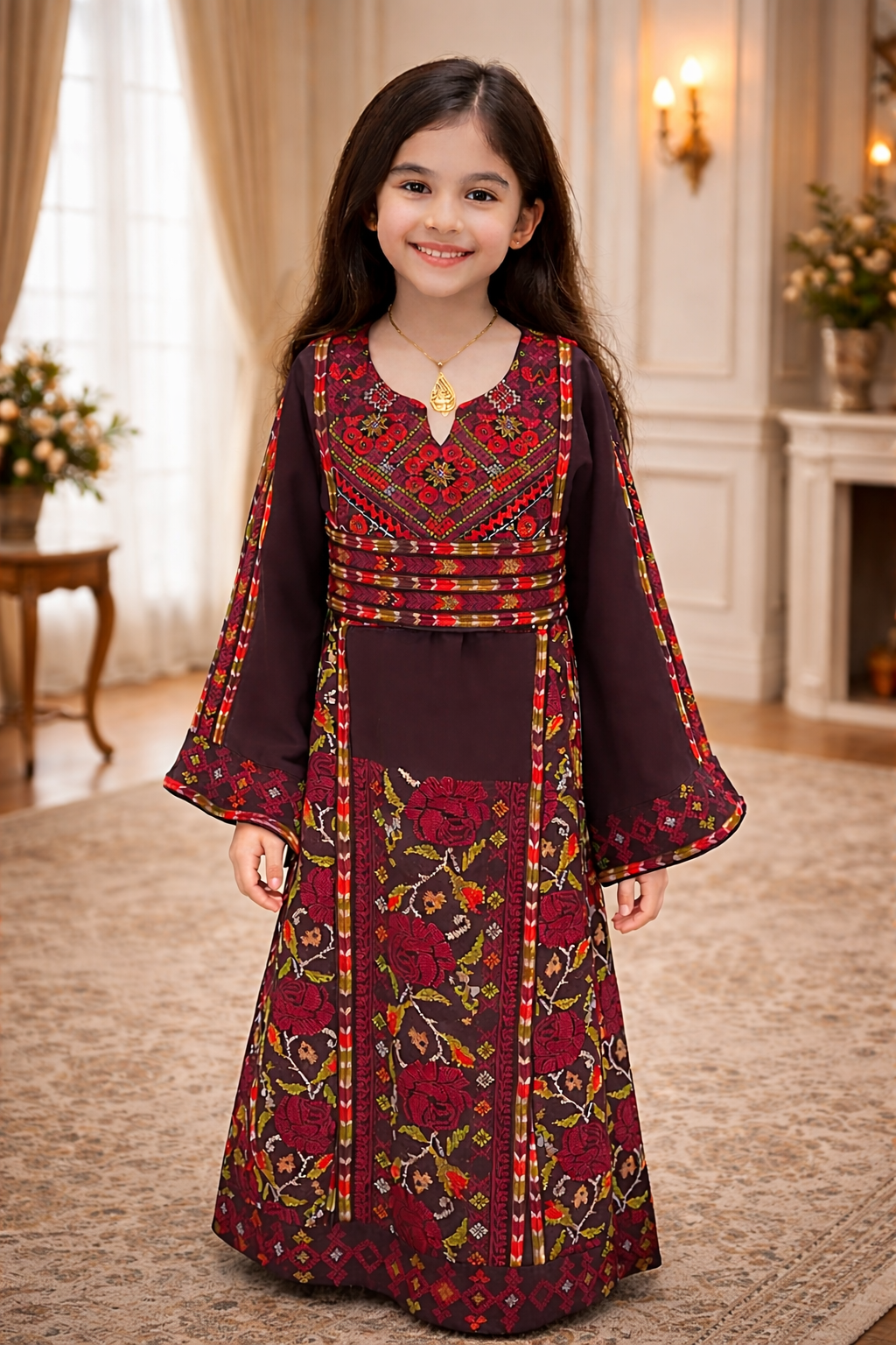 Girls’ Brown Embroidered Palestinian Thobe