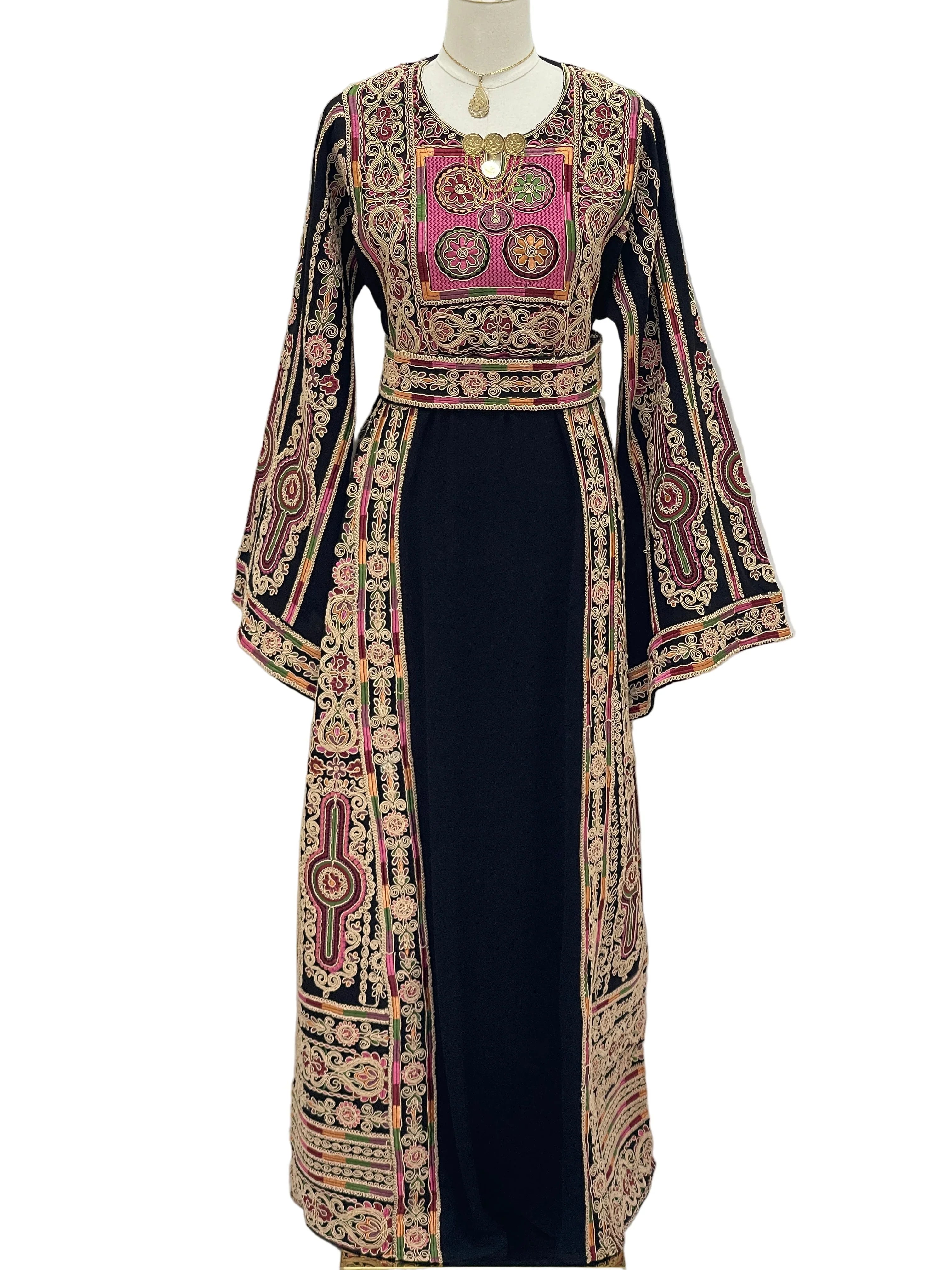 Palestinian Elegance Golden Thread Embroidered Thobe black dress with pink panels ornate full border and belt embroidery