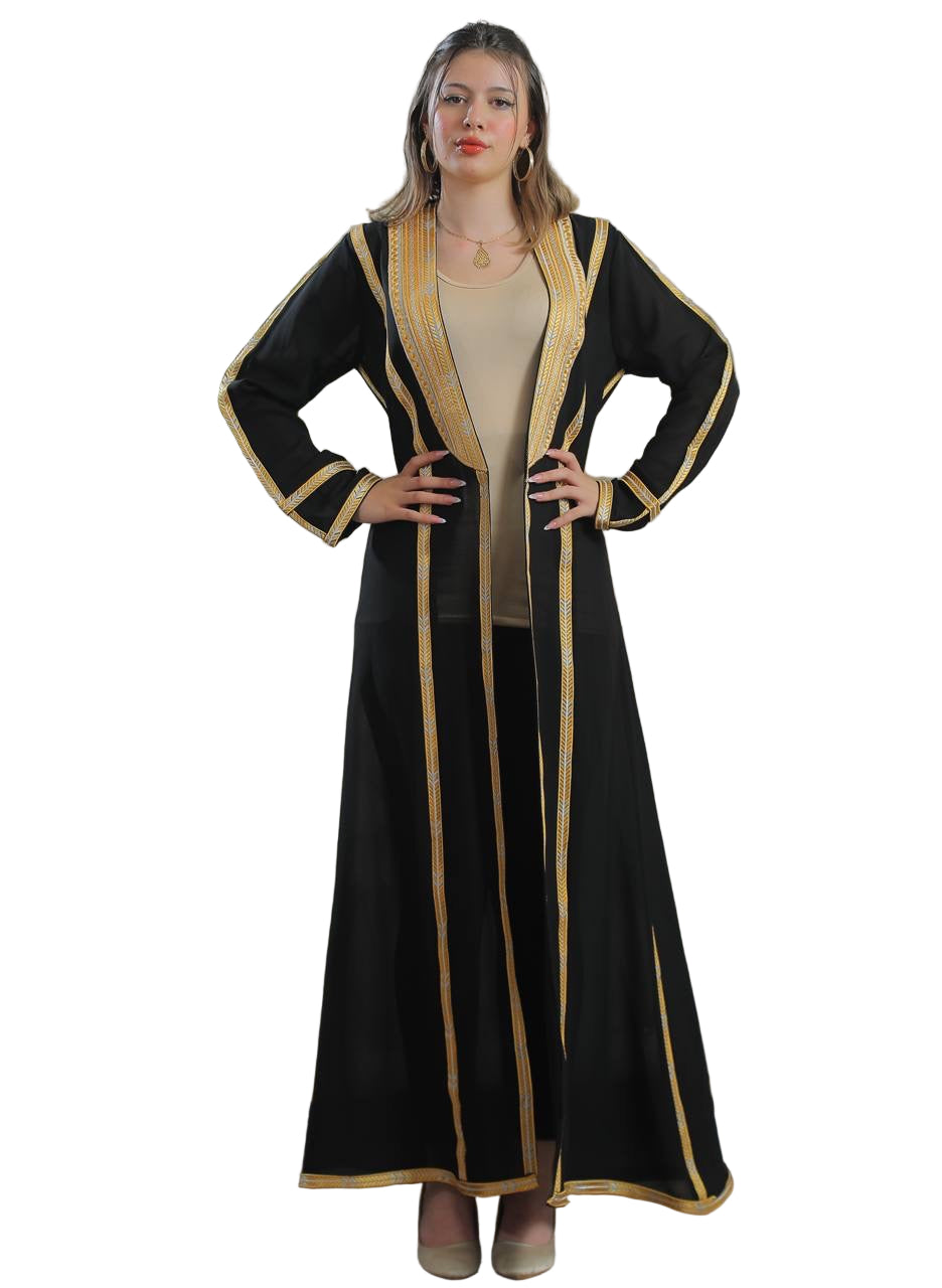 Palestinian Elegance Golden Touch Open Abaya black long open cardigan with gold trim and long sleeves